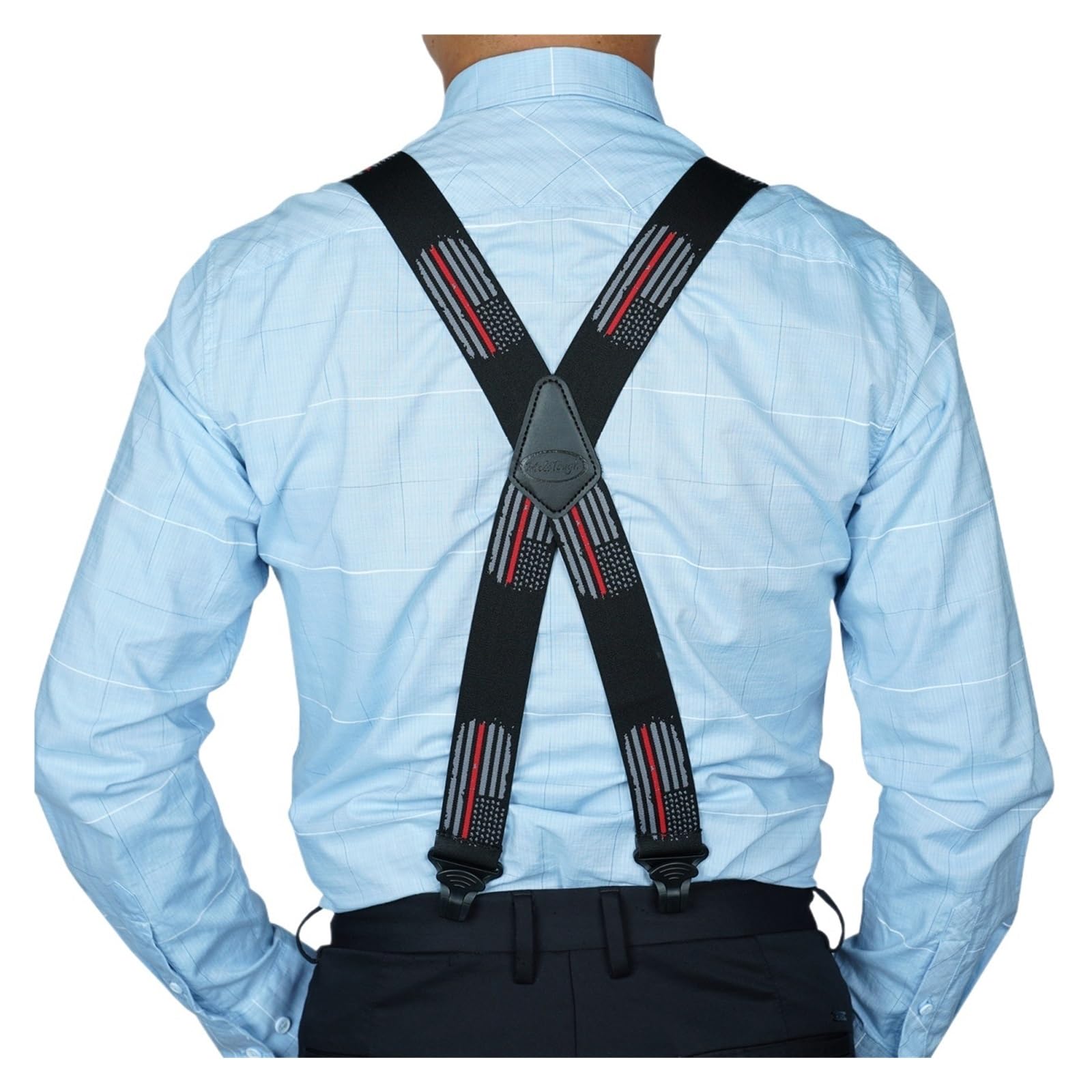 Tirantes elásticos con clip de plástico en forma X y parche cuero, aptos for aeropuertos para trajes y ropa formal