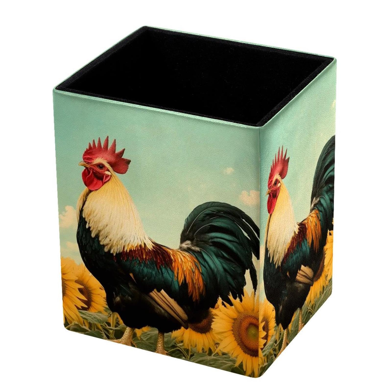 FWJZDSP Pencil Holder for Desk Pen Pouch with Rooster Sunflowers Sky Pretty Capacity Pen Cup Leather Makeup Brush Holder for Office Desk Organizer