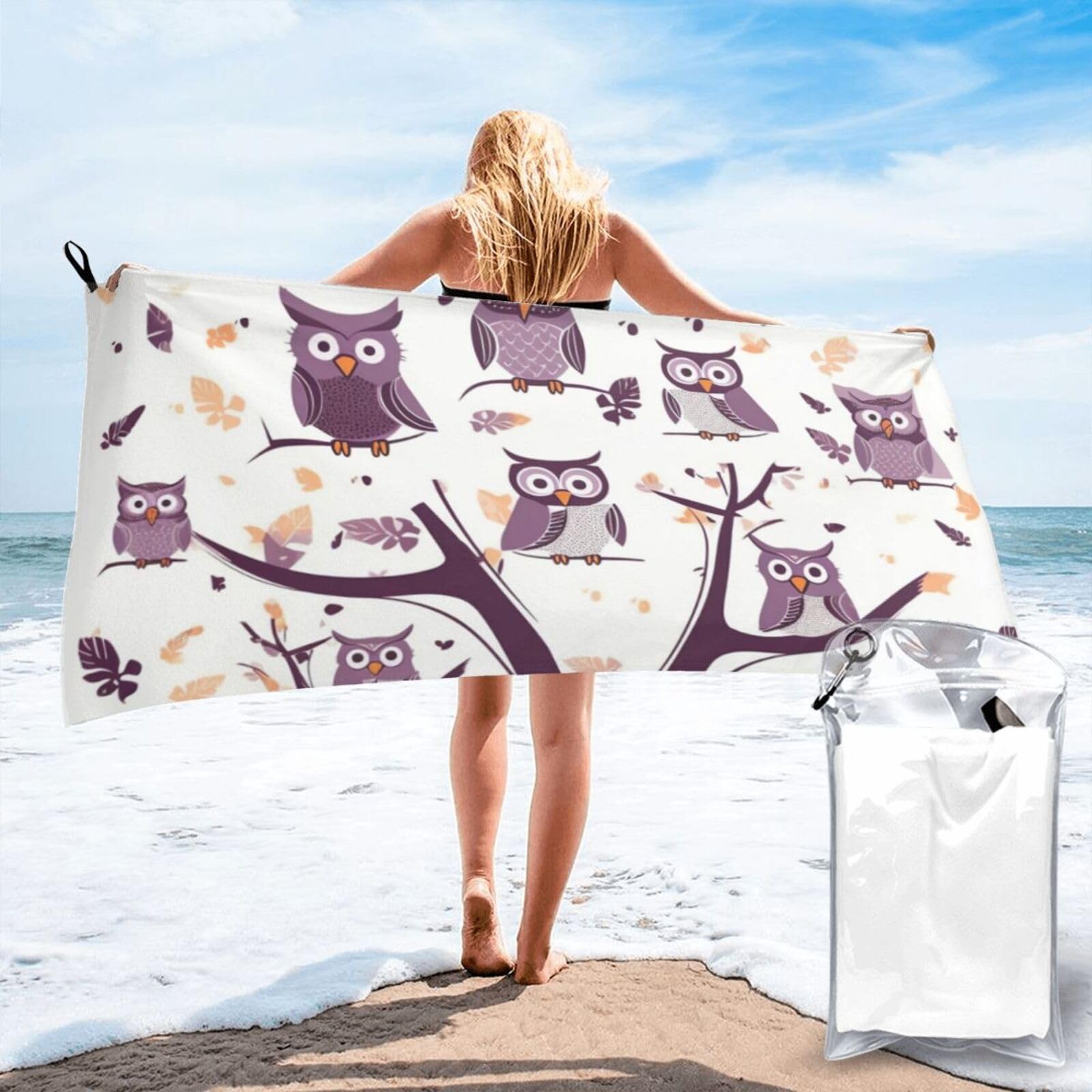 Microfiber Sand Free Beach Towel 31.5"x63", Quick Dry Absorbent Travel Towel Large Camping Blanket, Owl Tree Branches Bath Towels Lightweight Pool Swim Towels for Vacation Essentials