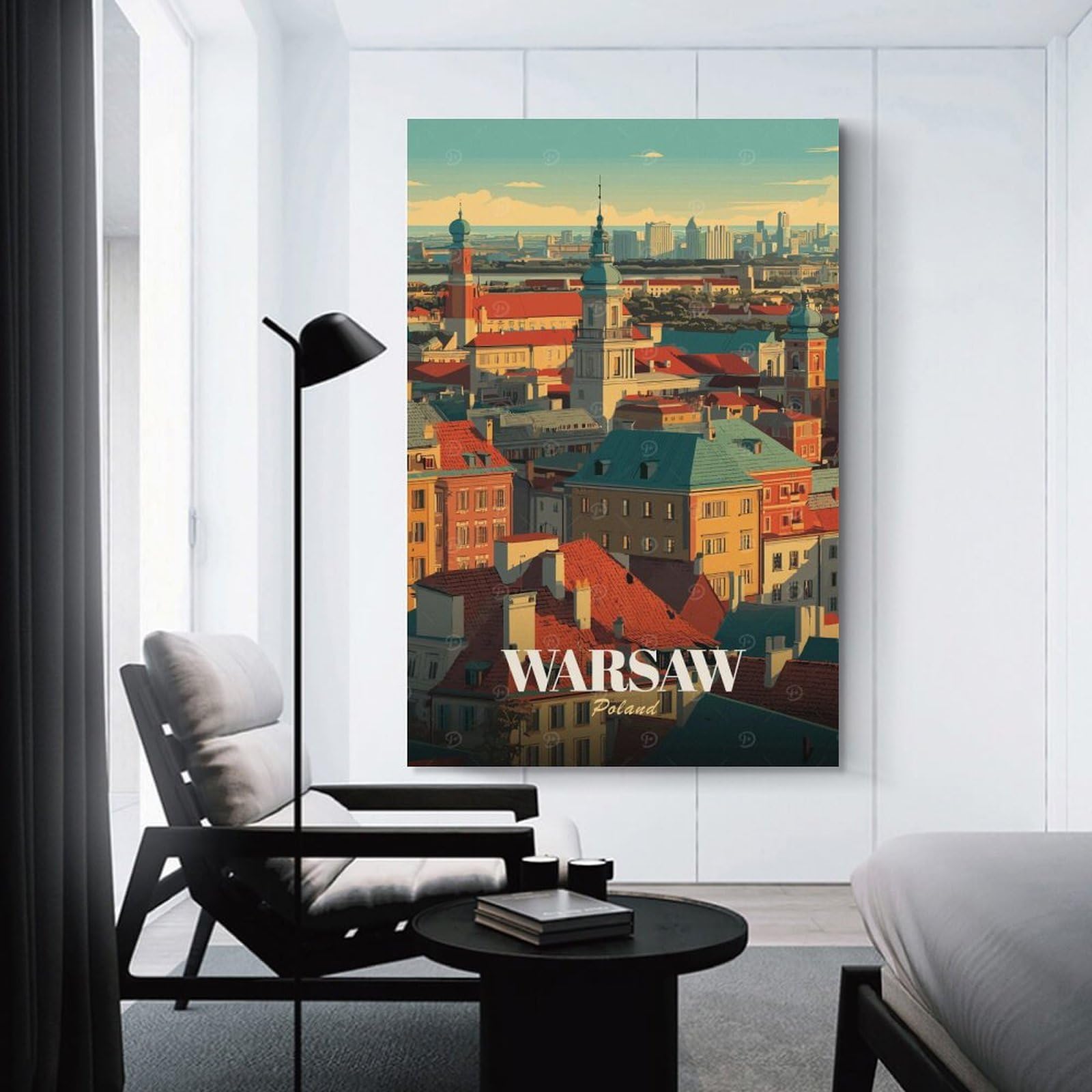Junmoney Warsaw, Poland Cityscape Illustration Room Decor Wall Art 20x30inch(50x75cm), for Entrance Spaces, Stair Walls Or Halls, A Neat Decor Update for Hallways