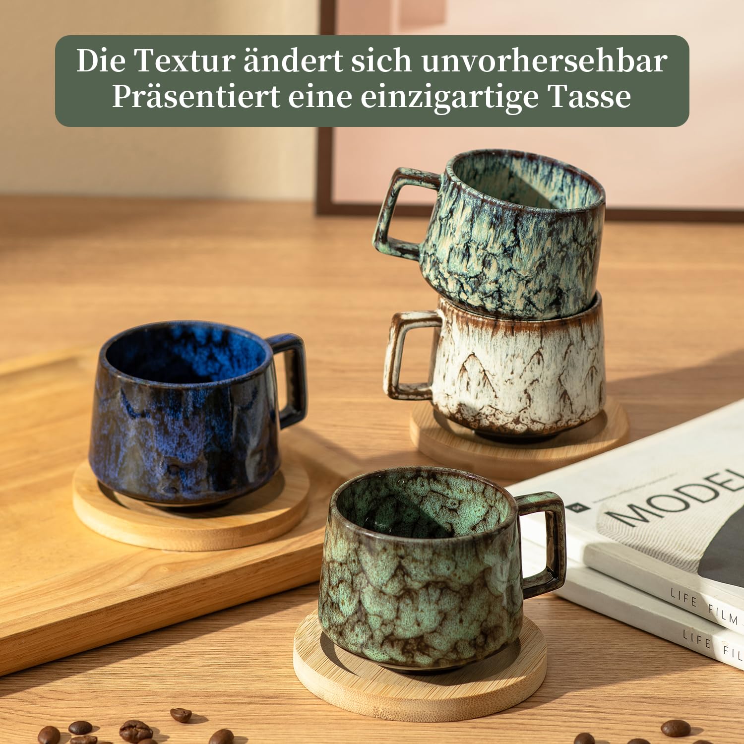 TELANKS Set van 4 zwarte moderne keramische cappuccinokopjes met schotels, inhoud 300 ml, espressokopset voor thee, koffie, warme en koude dranken