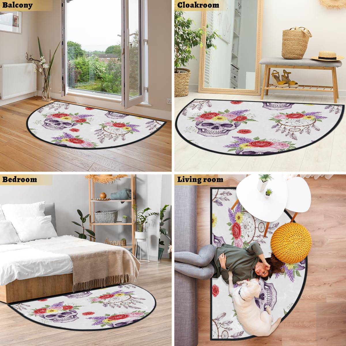 Große halbrunde Fußmatte – Boho-Totenkopf-Blumenmuster, waschbar, rutschfest, halbrund, Eingangsbereich, niedlich, weich, halbrund, saugfähig, Teppich für Küche, Badezimmer, Schlafzimmer, 160