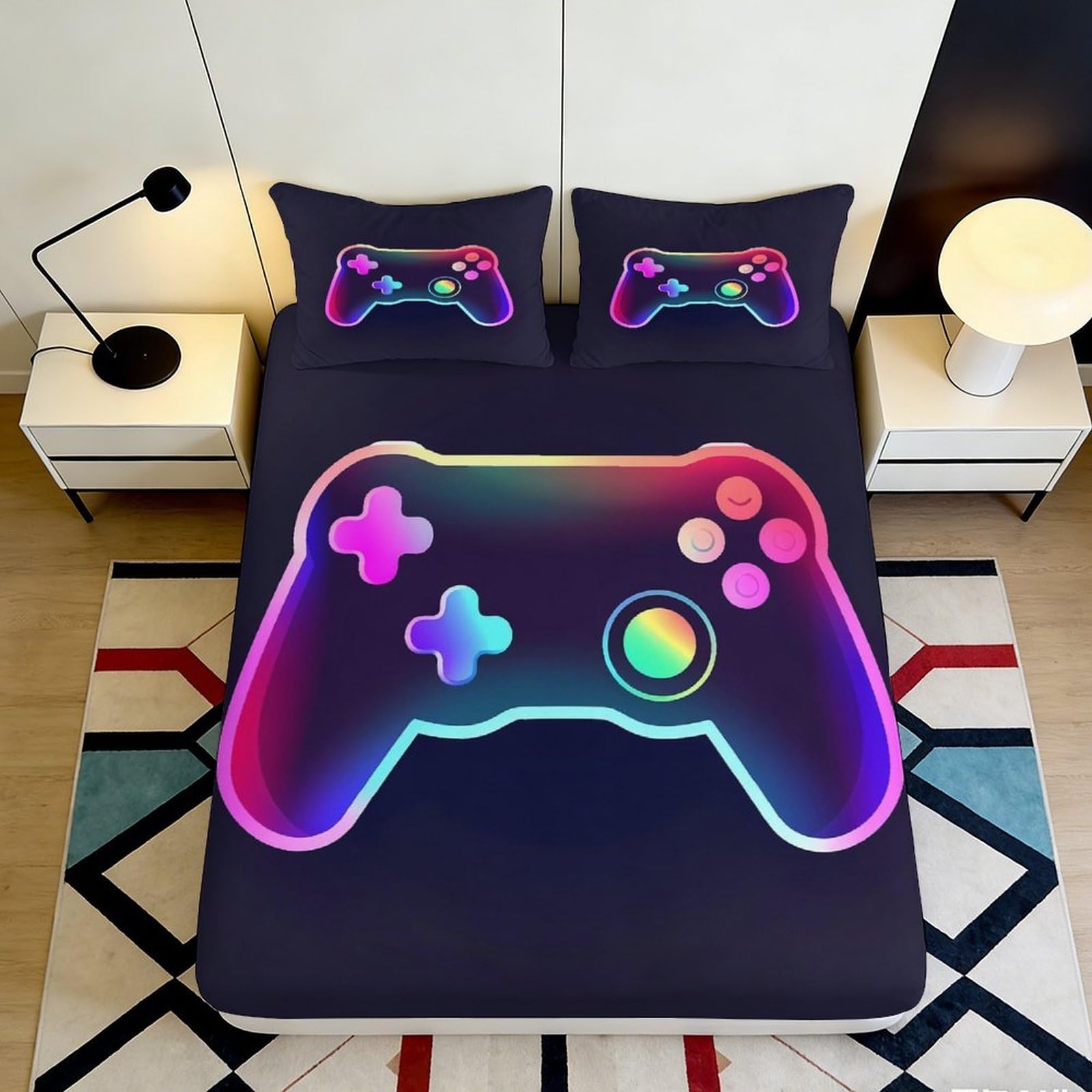 3D Printed Neon Gamepad Fitted Sheet Microfiber Soft Breathable Controller Bed Cover for Bedroom Dorm Decor 90x200x25cm