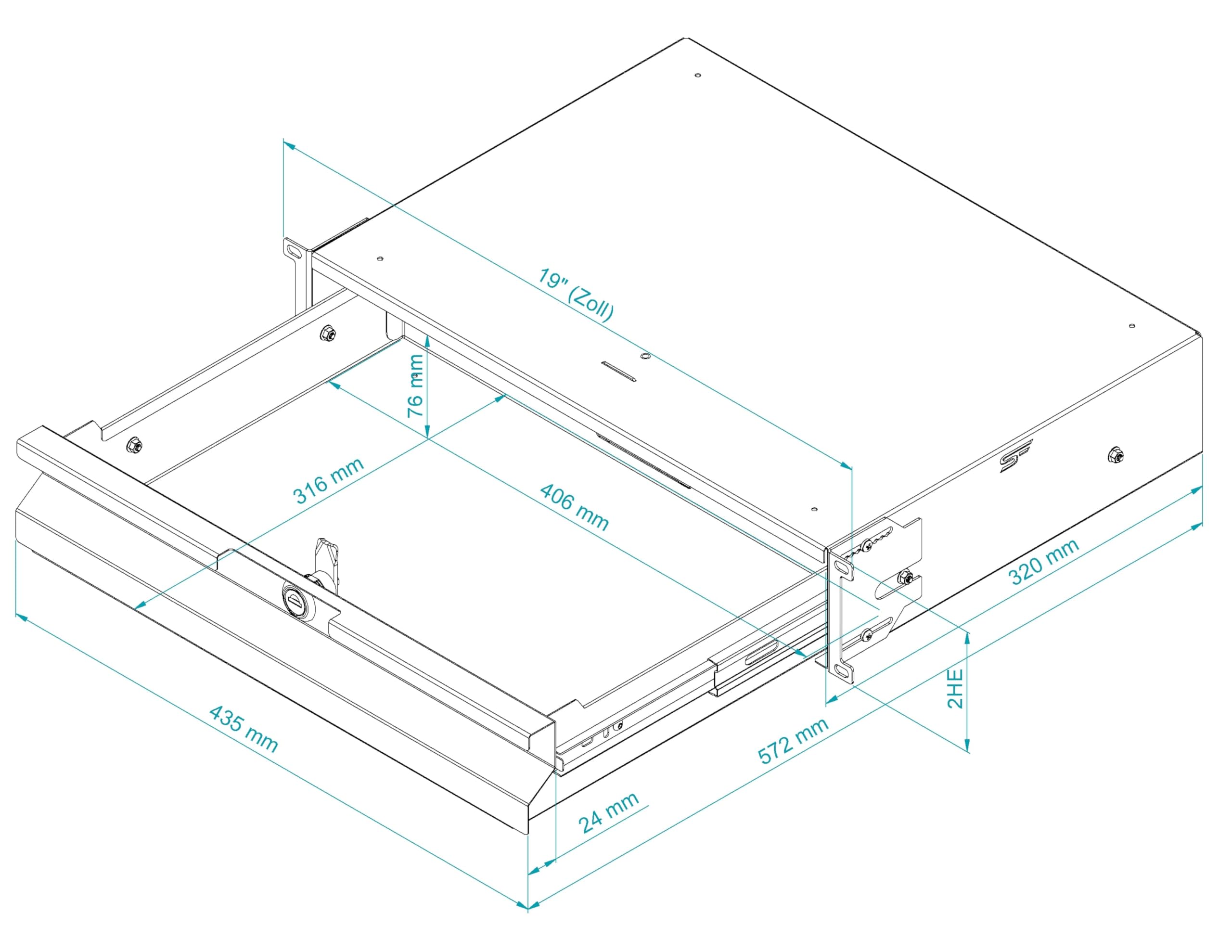 19 Zoll Fachboden 2HE - 19 Zoll Schublade Server Rack aus Stahl für Netzwerkschrank und Serverschrank - Traglast 25 kg - 320 cm Tiefe - Rack Zubehör