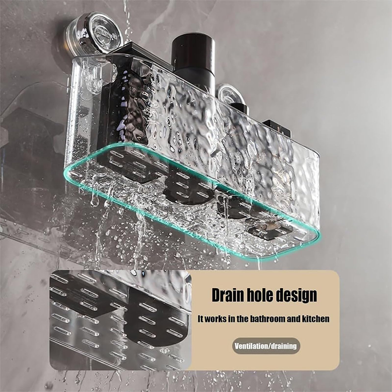 Soporte de almacenamiento de ducha de acrílico transparente para montaje en pared, estante de ventosa corrugado sin perforaciones para nización de baño (juego A+B)