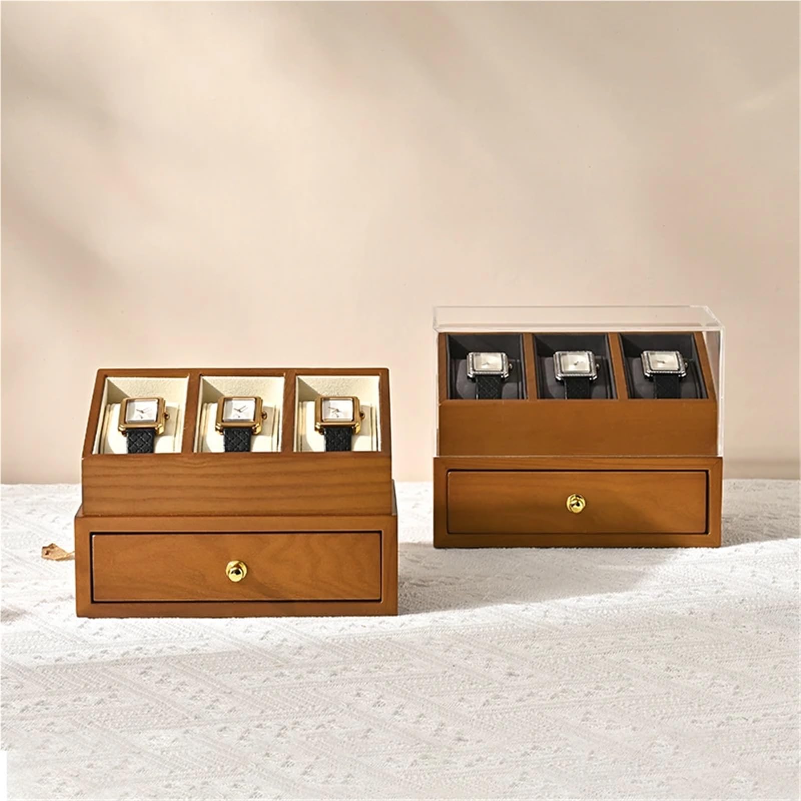 Caja De Relojes De Madera Maciza Caja de reloj madera 3 rejillas, organizador joyas doble capa, almacenamiento muñeca, cubierta a prueba polvo, relojes