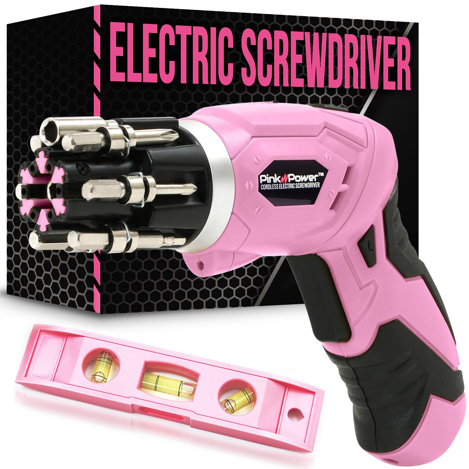 Pink Power Electric Screwdriver Cordless Mini Drill Set - 4V Rechargeable Pink Cordless Screwdriver Set for Women w