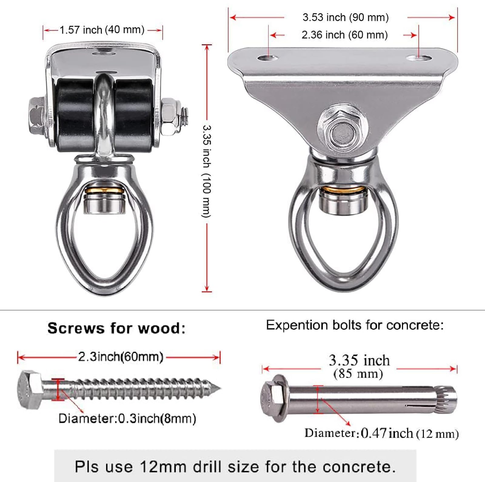 Benelabel Fixation Balancoire Plafond, Crochet Plafond Lourds Acier Inoxydable Vis Pivotante 360 Kit de Suspension for Yoga Rope/Aerial Hoop/Wood/Concrete Suspension Kit, 1600lbs