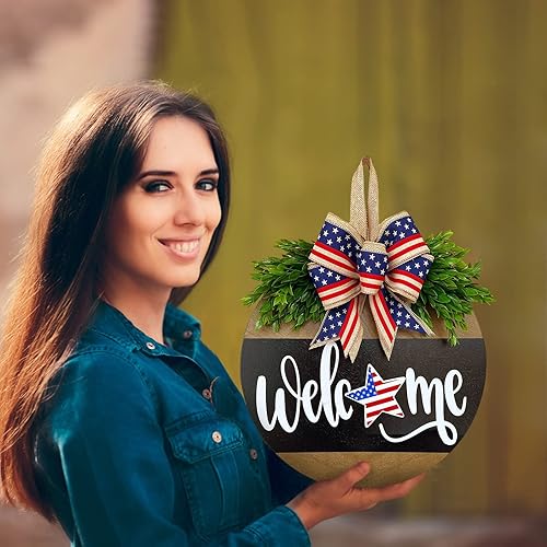 Miniatura 4 de Decoración patriótica de granja para el hogar, letrero de bienvenida del 4 de julio, placa de madera, decoración de Día de los Caídos, corona