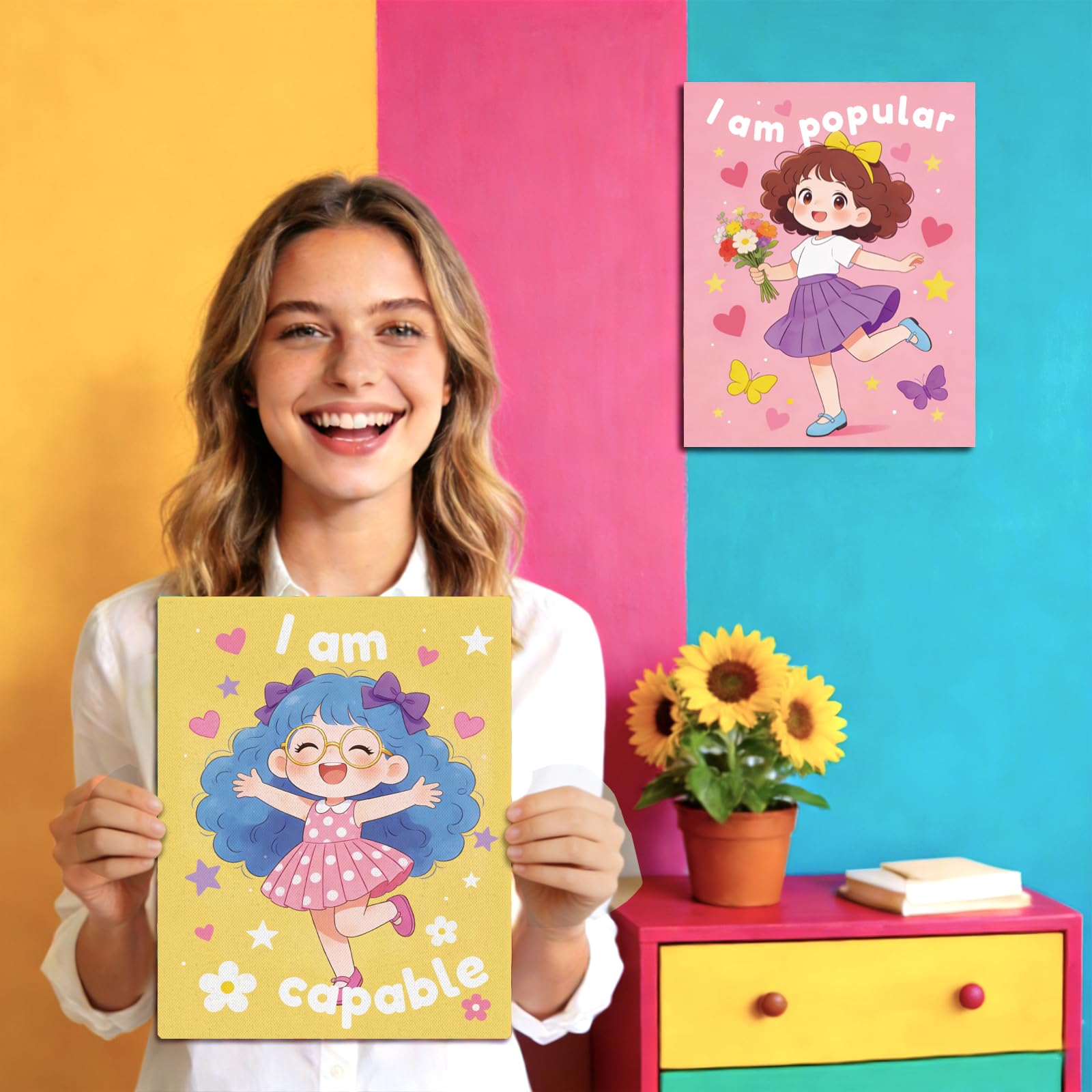 MAYJOYDIY 12 tele pre-disegnate per dipingere ragazze dei cartoni animati su tela prestampata per adulti 24 x 20 cm belle parole coraggiose forniture artistiche fai da te per principianti