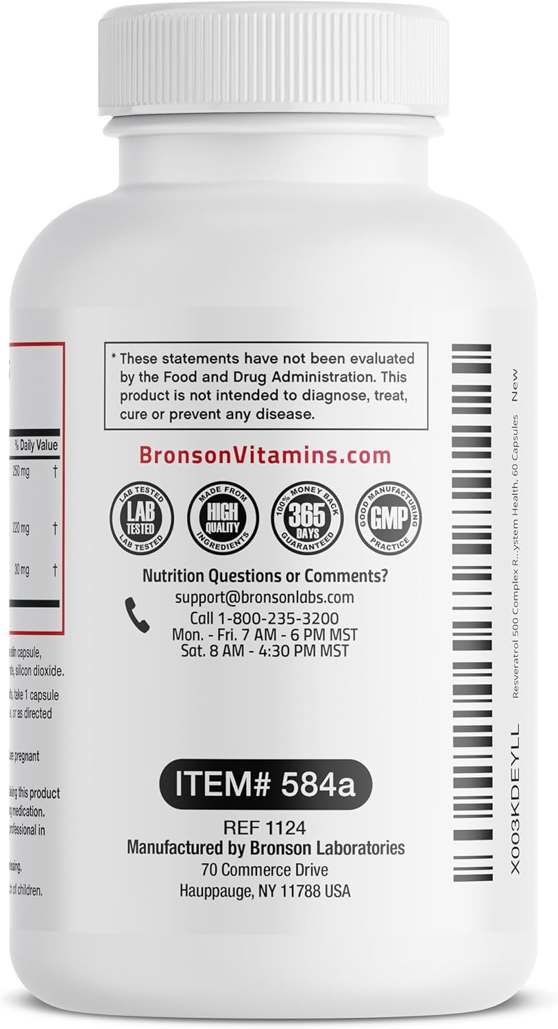 Bronson Resveratrol 500 Complex Standardized Trans-Resveratrol + Grape Seed & Red Wine Extract, 60 Capsules - Image 7