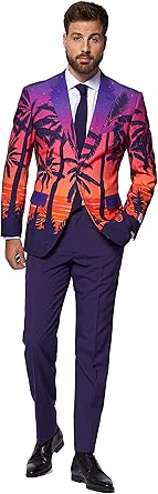 Opposuits Mens Suit - Summer Sunset Party Outfit - Slim Fit - Purple - Orange and Black - Includes Blazer, Pants and Tie