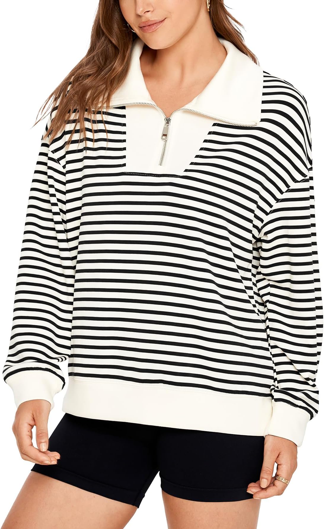 GlamakerWomens Striped Quarter Zip Sweatshirt Casual Long Sleeve Lapel Pullover Tops Fall Outfit Trendy Fashion Clothes