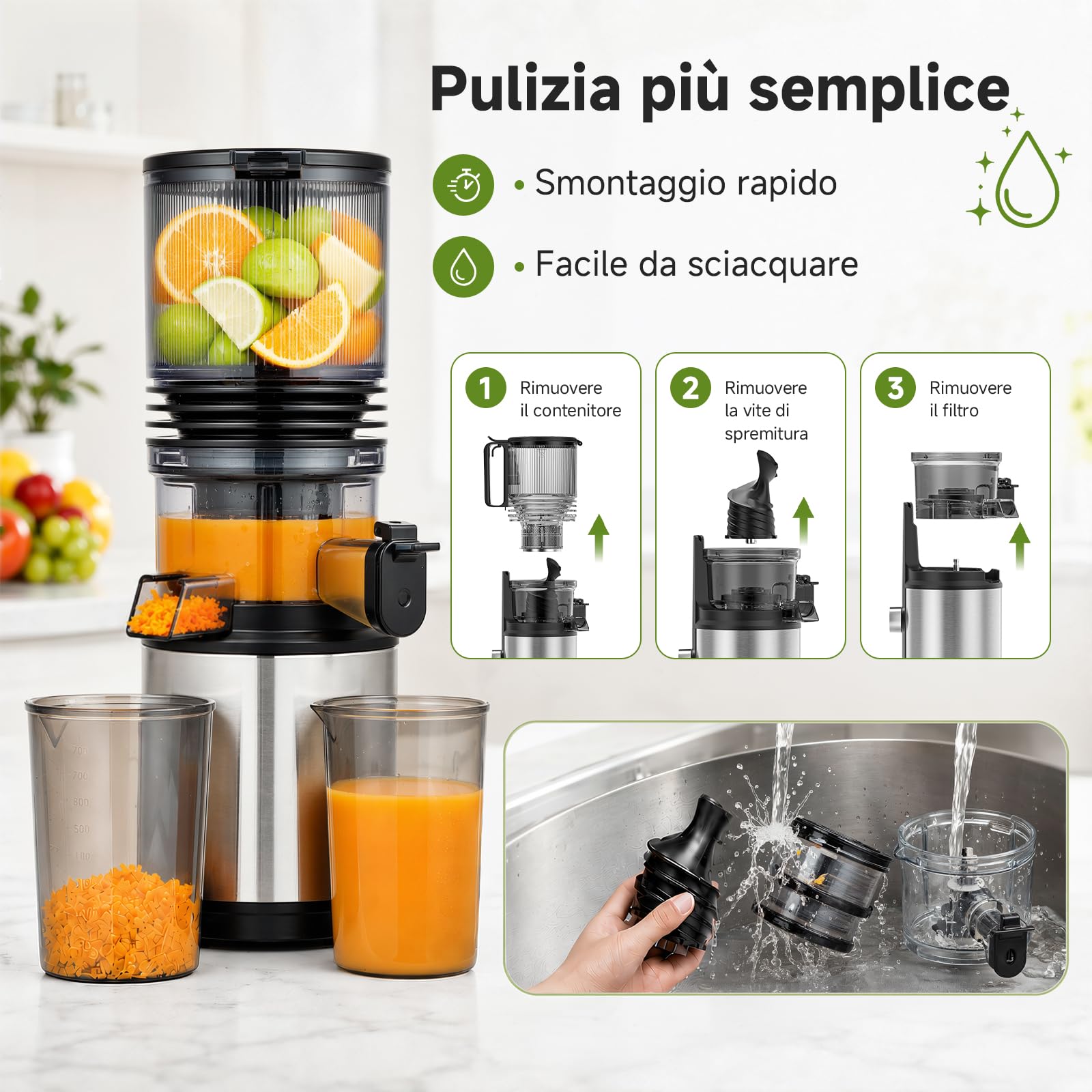 AMZCHEF Estrattore Frutta e Verdura, Frutta Intera Senza Taglio con Bocca XXL da 158 mm, Facile da Pulire, Alta Resa del Succo, Estrattore a Freddo Silenzioso 45 dB, Ideale per Colazione e Famiglia