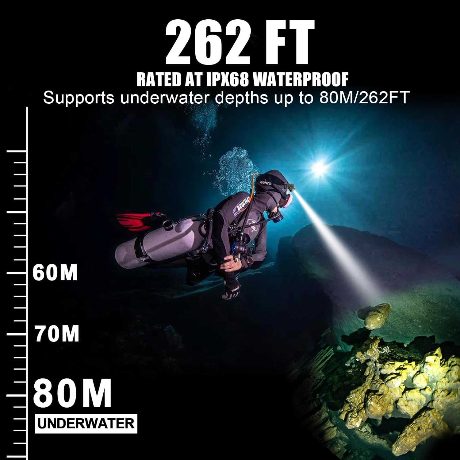 PFSN Professional LED Scuba Dive Light - Hands-Free 1196 Lumens, 200m Beam, IPX68 Waterproof, 4800mAh Rechargeable Battery, 3 Modes, Black