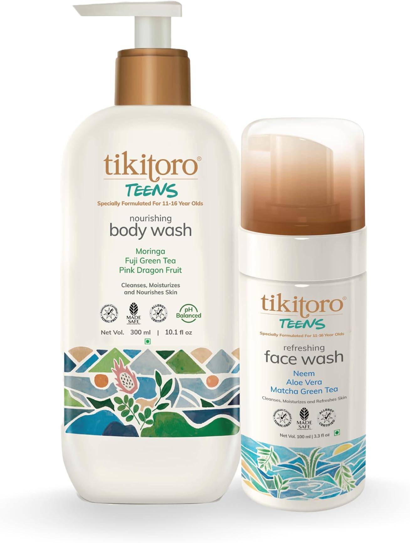 Tikitoro Teens Natural Bath Combo 100% Vegan with Nourishing Body Wash and Refreshing Facewash, No Parabens & Sulphates (Age: 11+) (300 ml x 1 & 100 ml x 1)