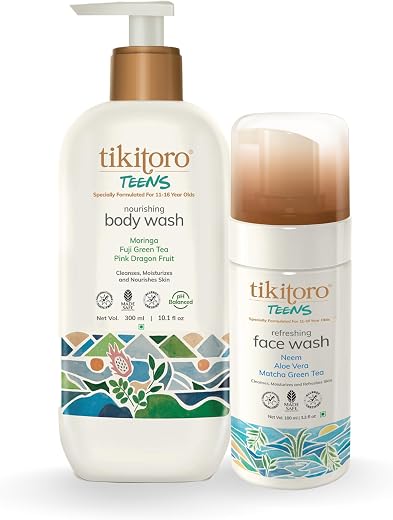 Tikitoro Teens Natural Bath Combo 100% Vegan with Nourishing Body Wash and Refreshing Facewash, No Parabens &amp; Sulphates (A...