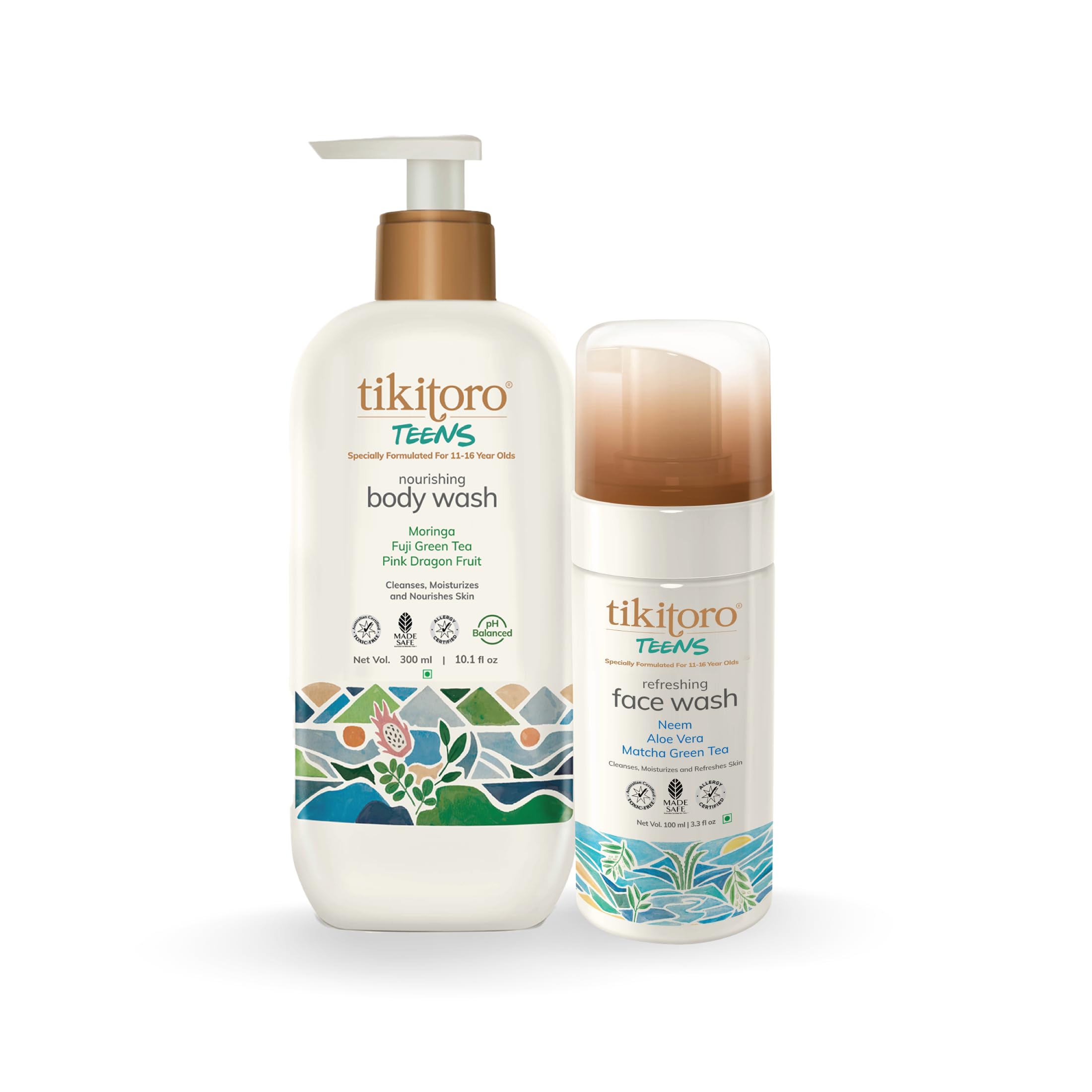 Tikitoro Teens Natural Bath Combo 100% Vegan with Nourishing Body Wash and Refreshing Facewash, No Parabens & Sulphates (Age: 11+) (300 ml x 1 & 100 ml x 1)