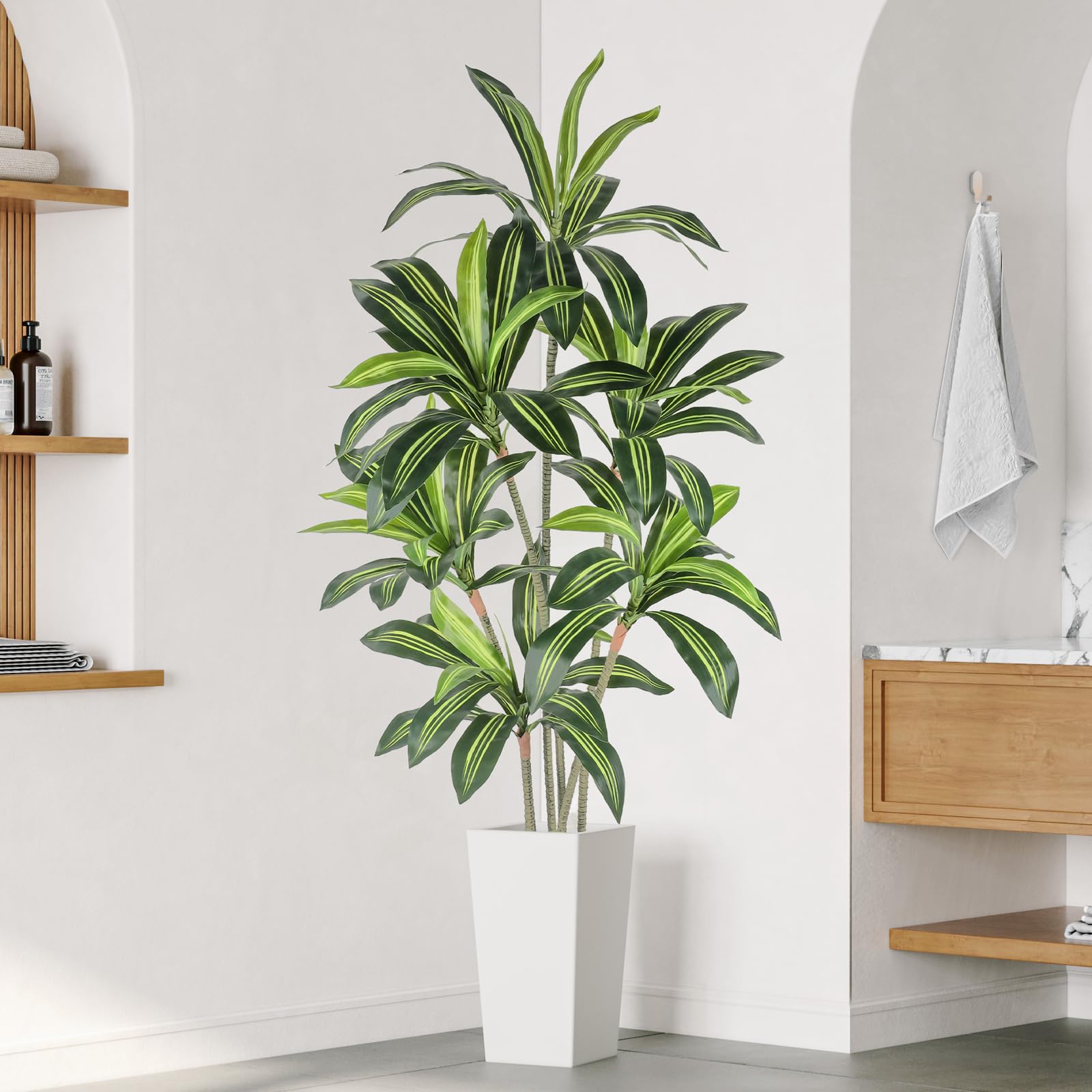 YOLEO 6FT Artificial Dracaena Tree with White Tall Planter, Lifelike Fake Silk Tree Indoor, Faux Dracaena Tall Plant for Living Room Bedroom Balcony Corner Office Decor