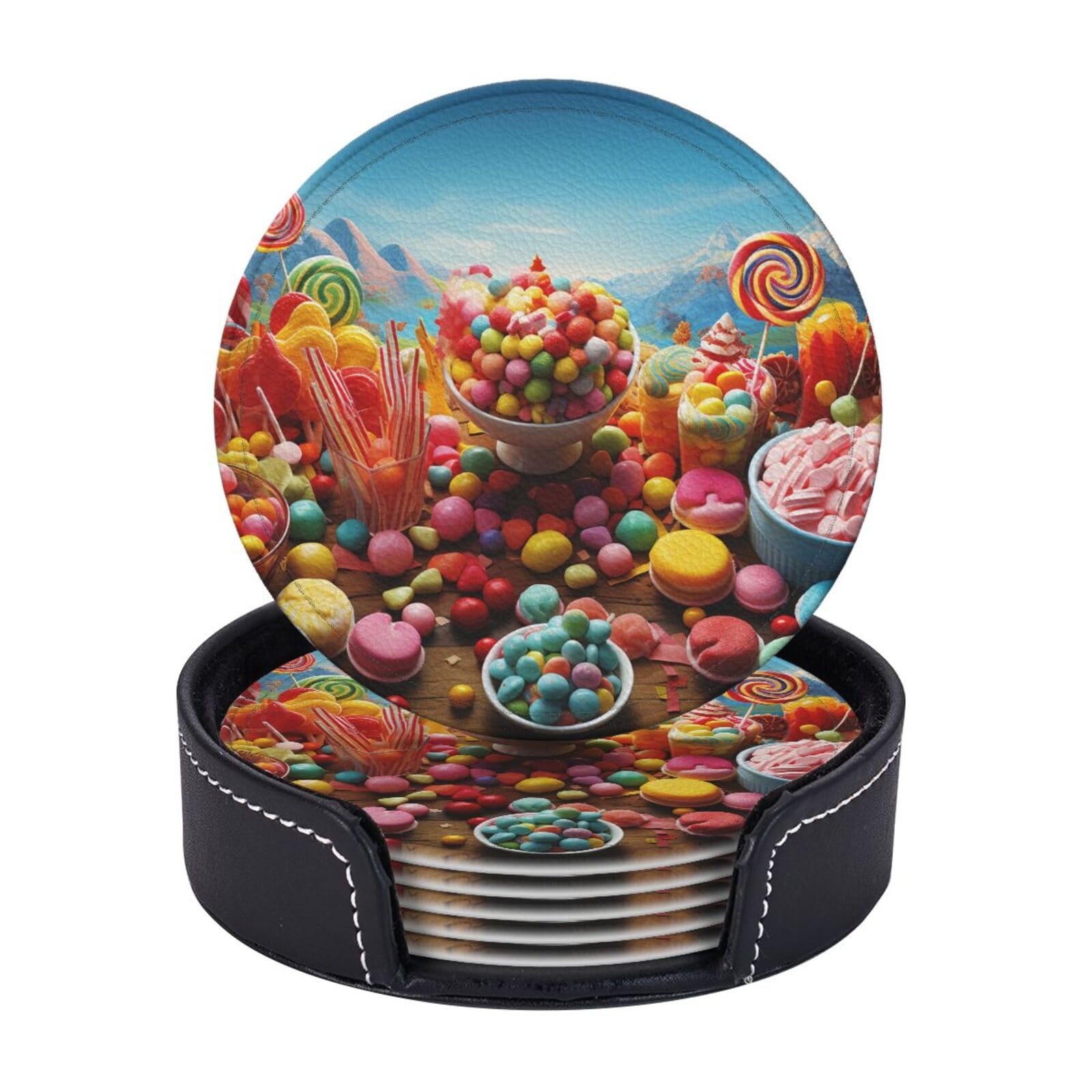 6Pcs PU Leather Coaster for Drinks, Candy Poster Cup Coasters with Holder, Aesthetic Drink Coasters for Coffee Table, Round Coaster for Tabletop Protection 4" Cup Mat Pad