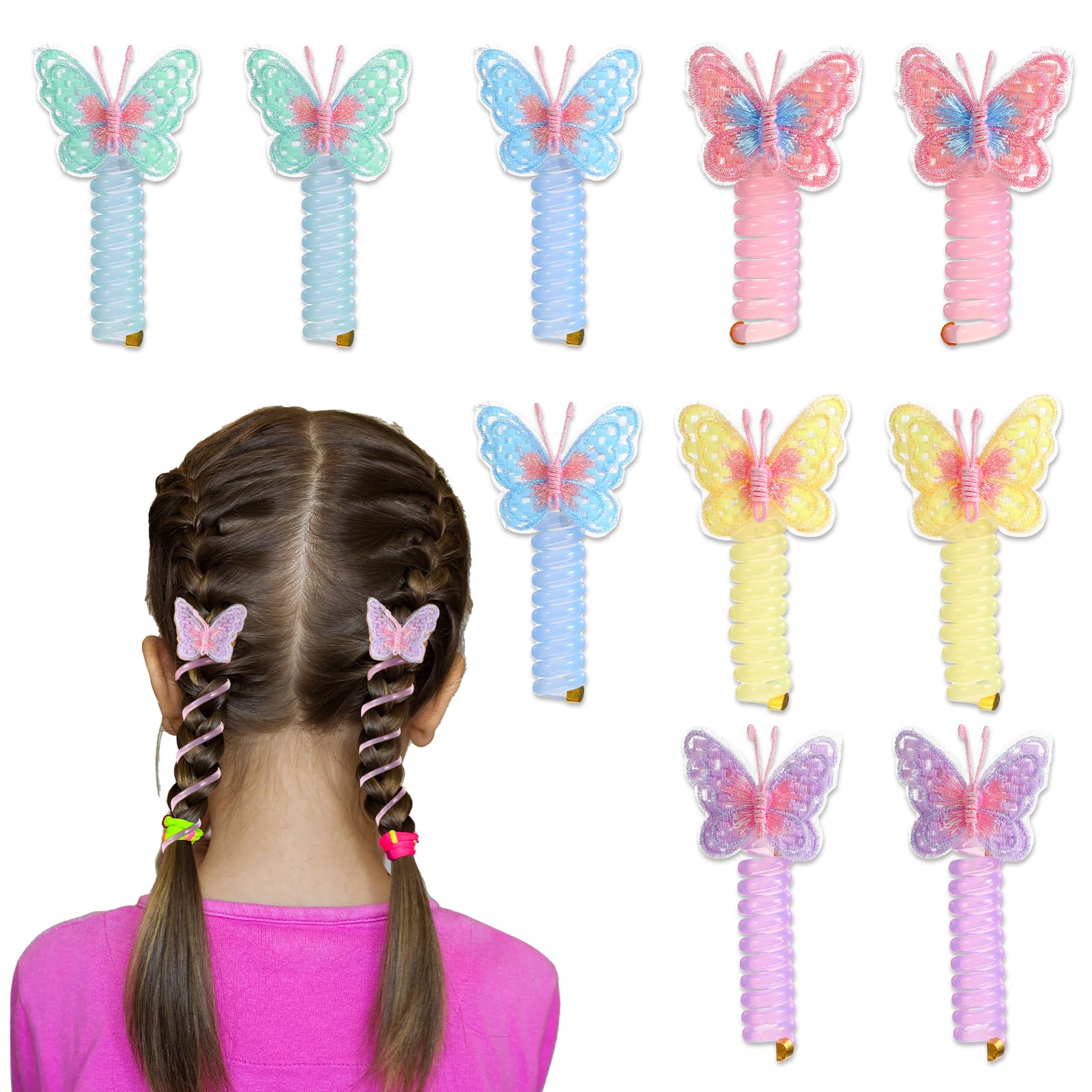 Tyqour 8PCS Butterfly Telephone Wire Hair Bands Spiral Hair Ties for Kids Women Thick Thin Hair, Colorful Telephone Cord Hair Ties, Elastic Hair Accessories for Little Girls, Ponytail Holders