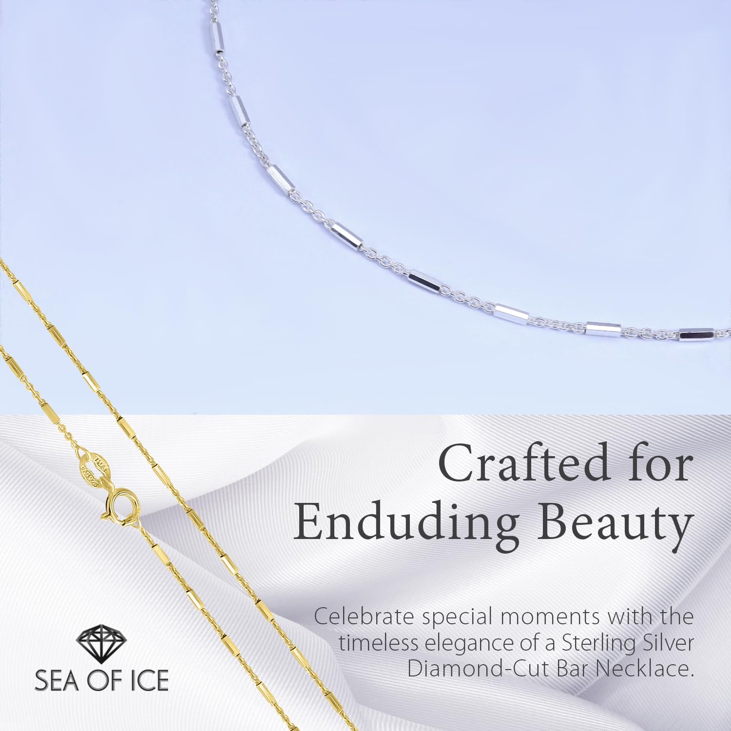 SEA OF ICE Sterling Silver 1mm Diamond-Cut Bar Station Rolo Chain Necklace For Women, Size 14" - 36" Italy