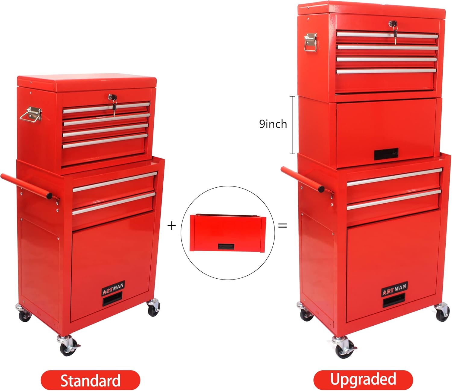 High Capacity Rolling Tool Chest with 6 Drawers, 3 in1 Detachable Rolling Tool Box with Lockable Wheels Locking Tool Cart for Workshop Warehouse Garage, Red