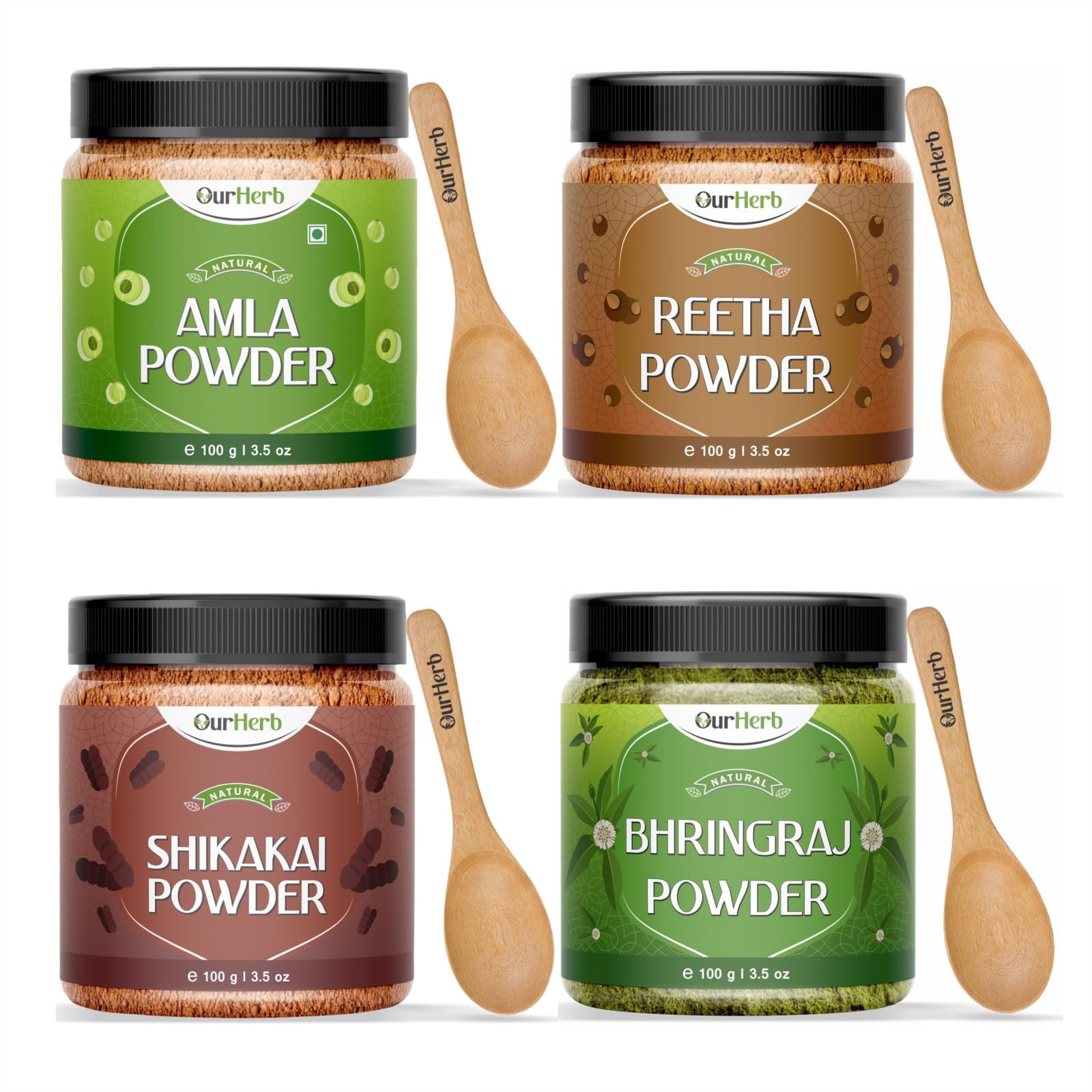 OurHerb Amla + Reetha + Shikakai + Bhringraj Powder | For Strengthening, Conditioning & Nourishing Hair | Suitable for All Hair Types with Spoon Combo Pack - 400g (100g X 4)
