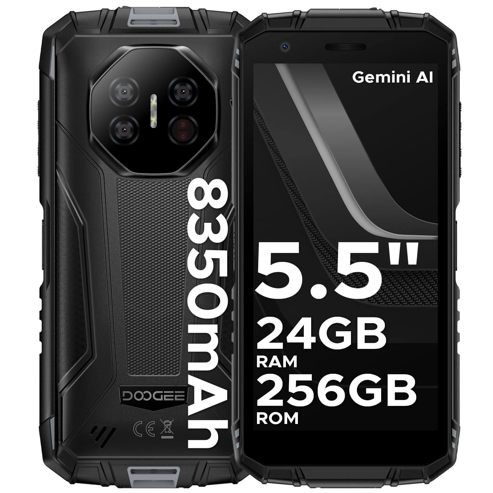 DOOGEE Fire 3 Ultra Rugged Smartphone, 8350mAh Android 15, Unisoc T7200 Octa Core, 5.5" IPS HD+ Display, 24GB+256GB, 16MP+20MP, Octa Core, Widevine L1/Fingerprint ID/Face Unlock/NFC- Grigio