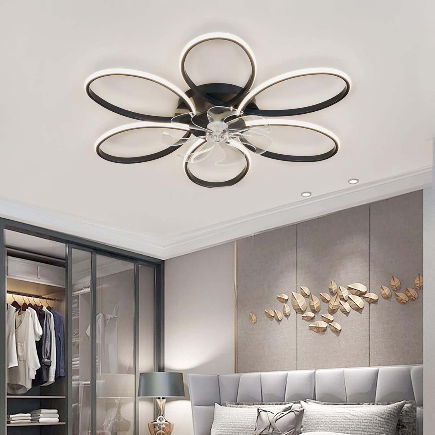 YUEGOO Ceiling Fans with Lamps,Remote App Control Silent Dimmable Ceiling Fan with Led Lamp Modern Reversible 6 Speed Timer Chandeliers with Fan for Living Room Bedroom Office/Black/C