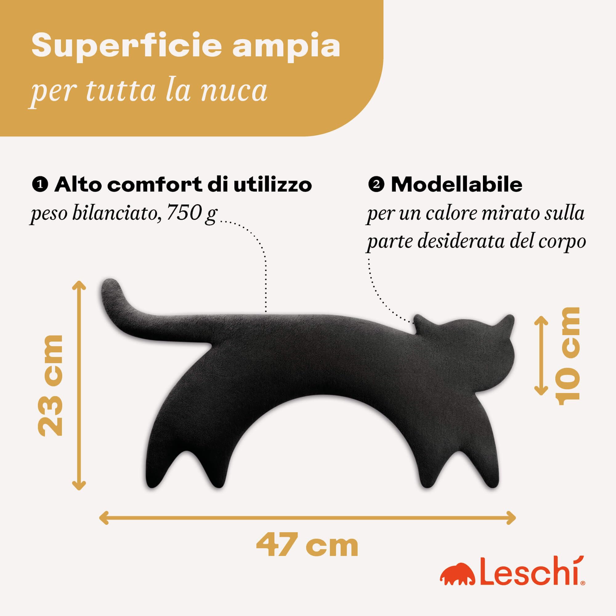 LESCHI Cuscino cervicale termico per microonde - In cotone bio con grano biologico - Cuscino riscaldante ideale per sciogliere tensioni a collo, spalle e schiena - Gatto, nero