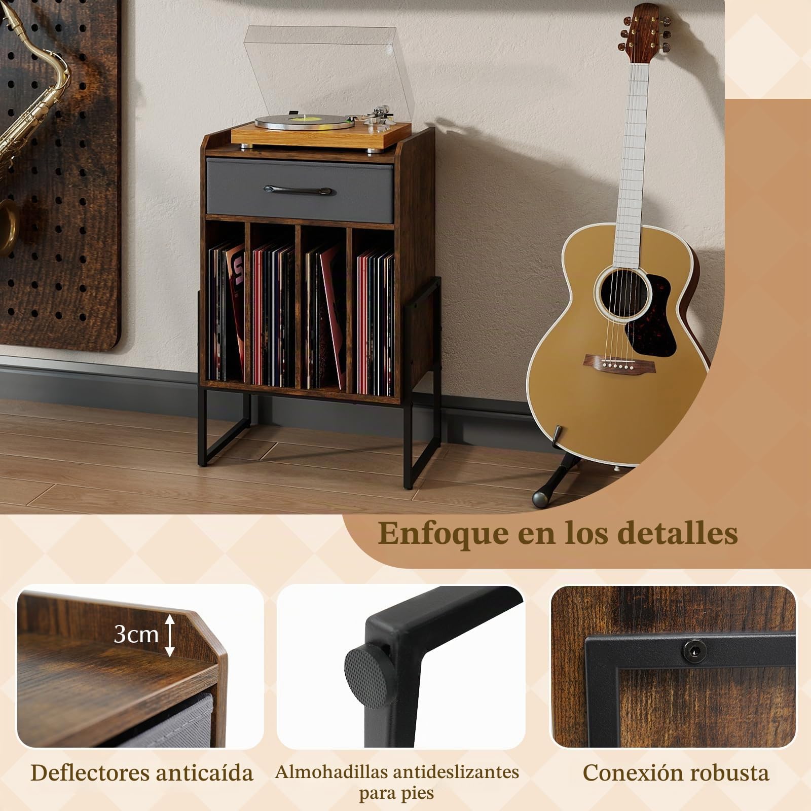 KOMFOTTEU Mueble para Tocadiscos con 4 Compartimentos y Cajón de Tela | Mesa para Tocadiscos con Patas Elevadas, Soporte de Discos de Vinilo para Sala de Estar, Dormitorio, 42 x 33 x 69 cm
