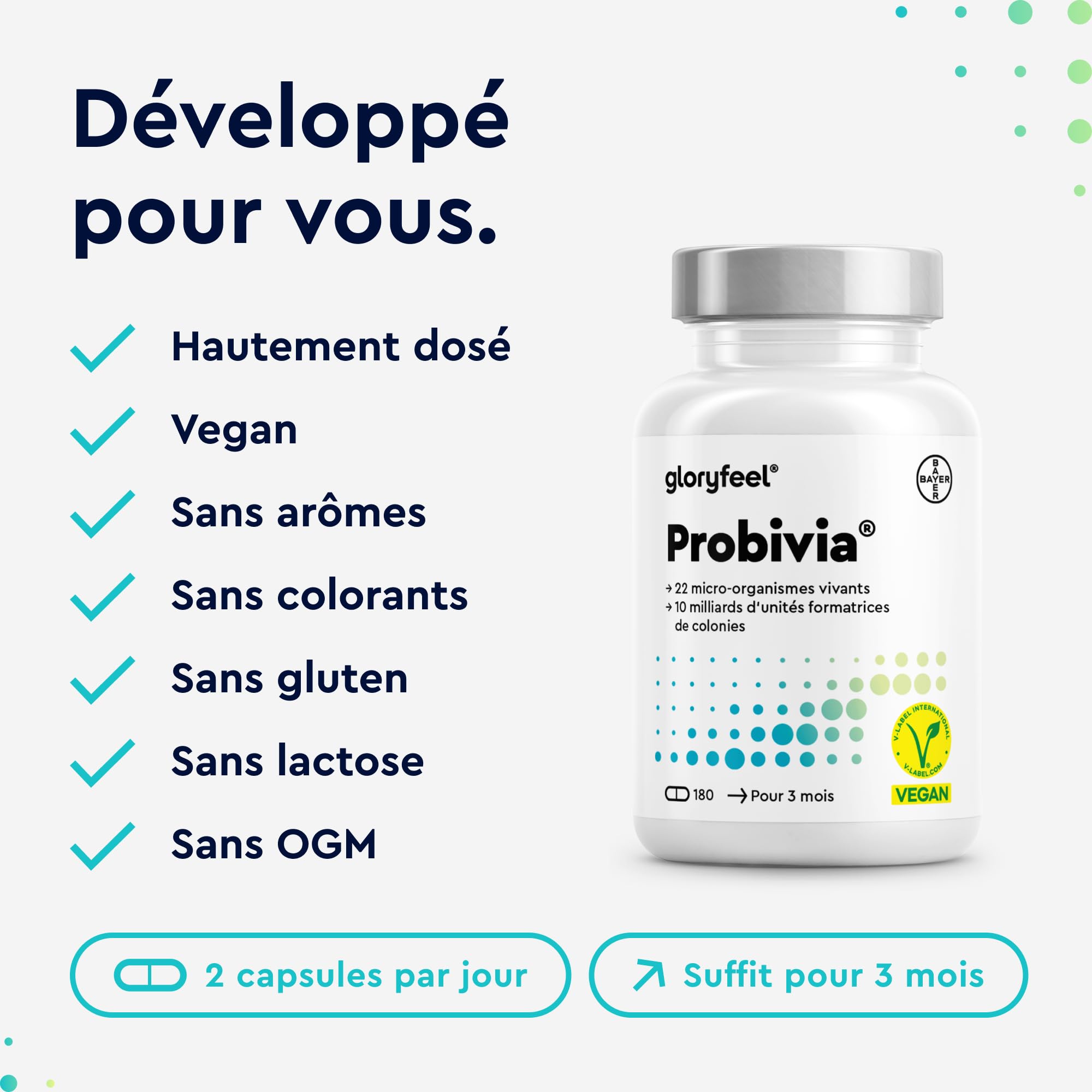 Probivia Probiotique Ferments Lactiques, 180 Capsules Végétaliens, 22 Souches de Bactéries avec Lactobacillus & Bifidobacterium pour la Flore Intestinale, 10 Milliards UFC, Complément Alimentaire