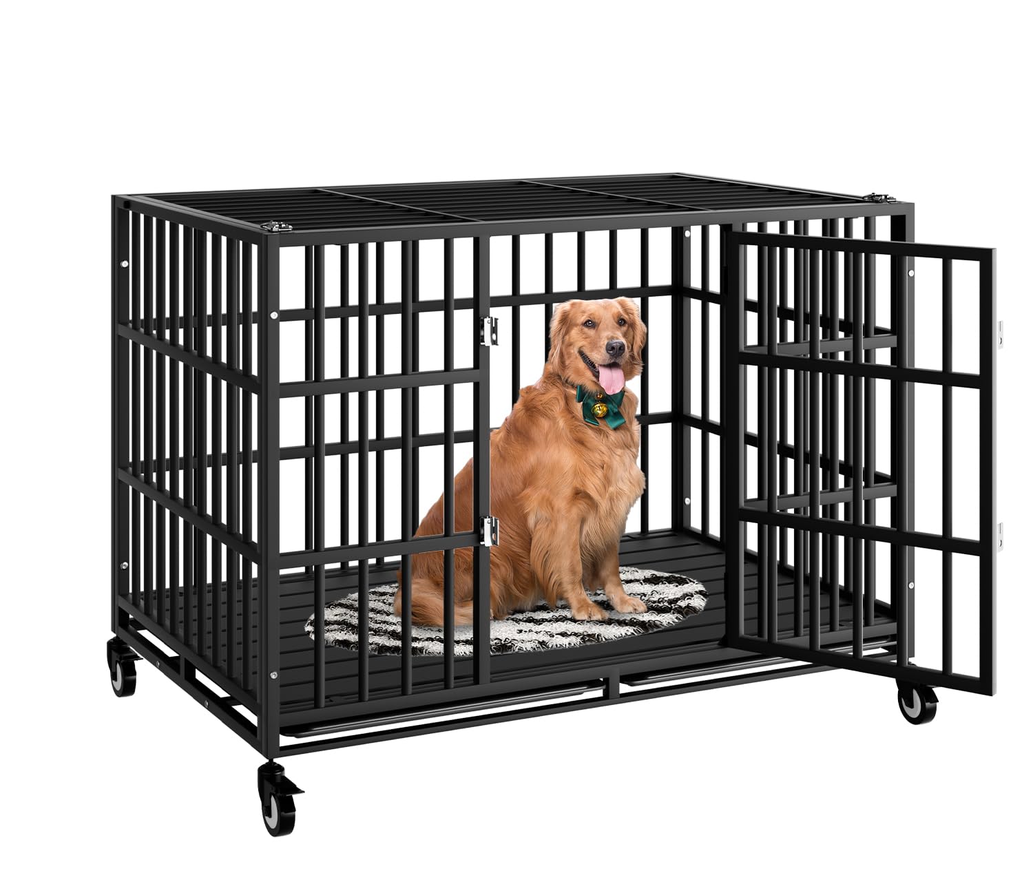 HMHTCT 48 Inch Heavy Duty Dog Crate with Wheels,Indestructible Escape-Proof Dog Kennel with Locking Latch and Double Door,Extra Large XL XXL Crate Indoor for Large and Medium Dog with Removable Tray