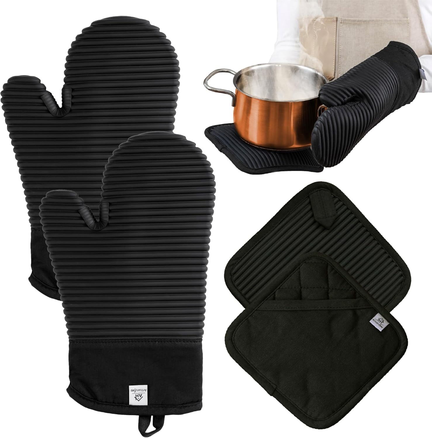 Extra Long Silicone Oven Mitts and Pot Holders Sets | Heat Resistant 500°F BPA-Free Food Grade Silicone Hot Pads & Kitchen Mittens | 4-Piece Set of Oven Gloves & Potholders for Kitchens. - Image 7