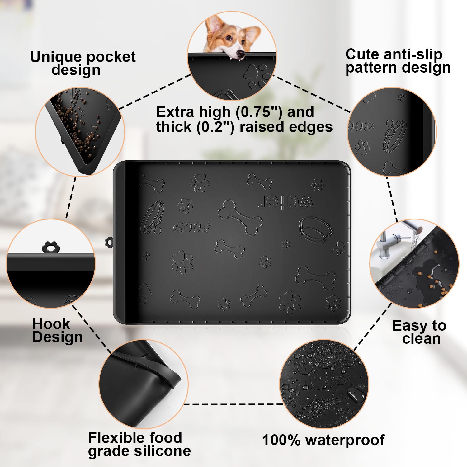 Tappetino per cibo per cani – Tappetino in silicone per cibo e acqua – 91,4 x 61 cm, grande tappetino per l'alimentazione degli animali domestici con tasca per raccolta residui, tappetino impermeabile