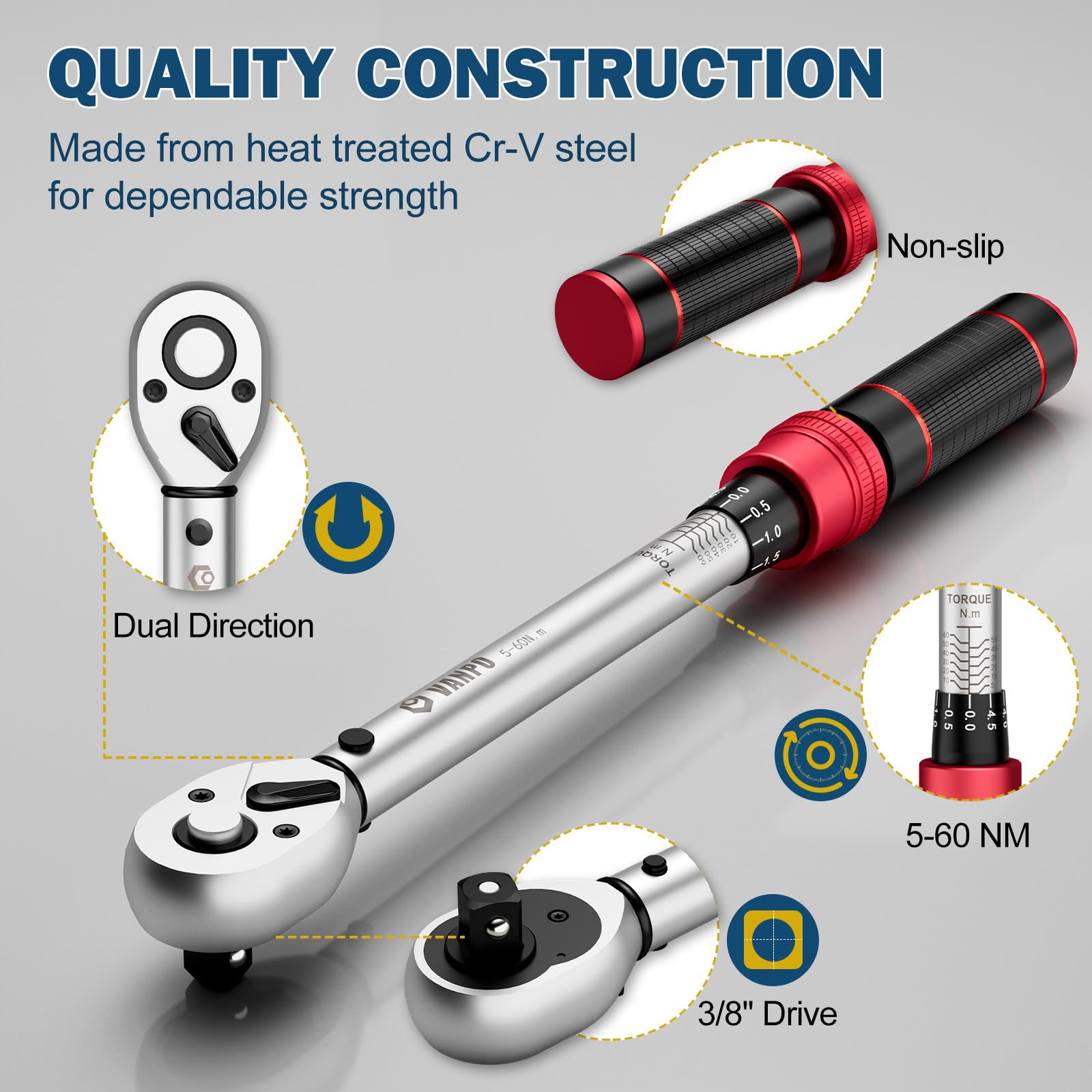 VANPO Torque Wrench 3/8" Drive, 5-60 NM, ±3% Accuracy, 72 Tooth Click Torque Wrench Set including 3/8 to 1/4 Adapter - Image 4