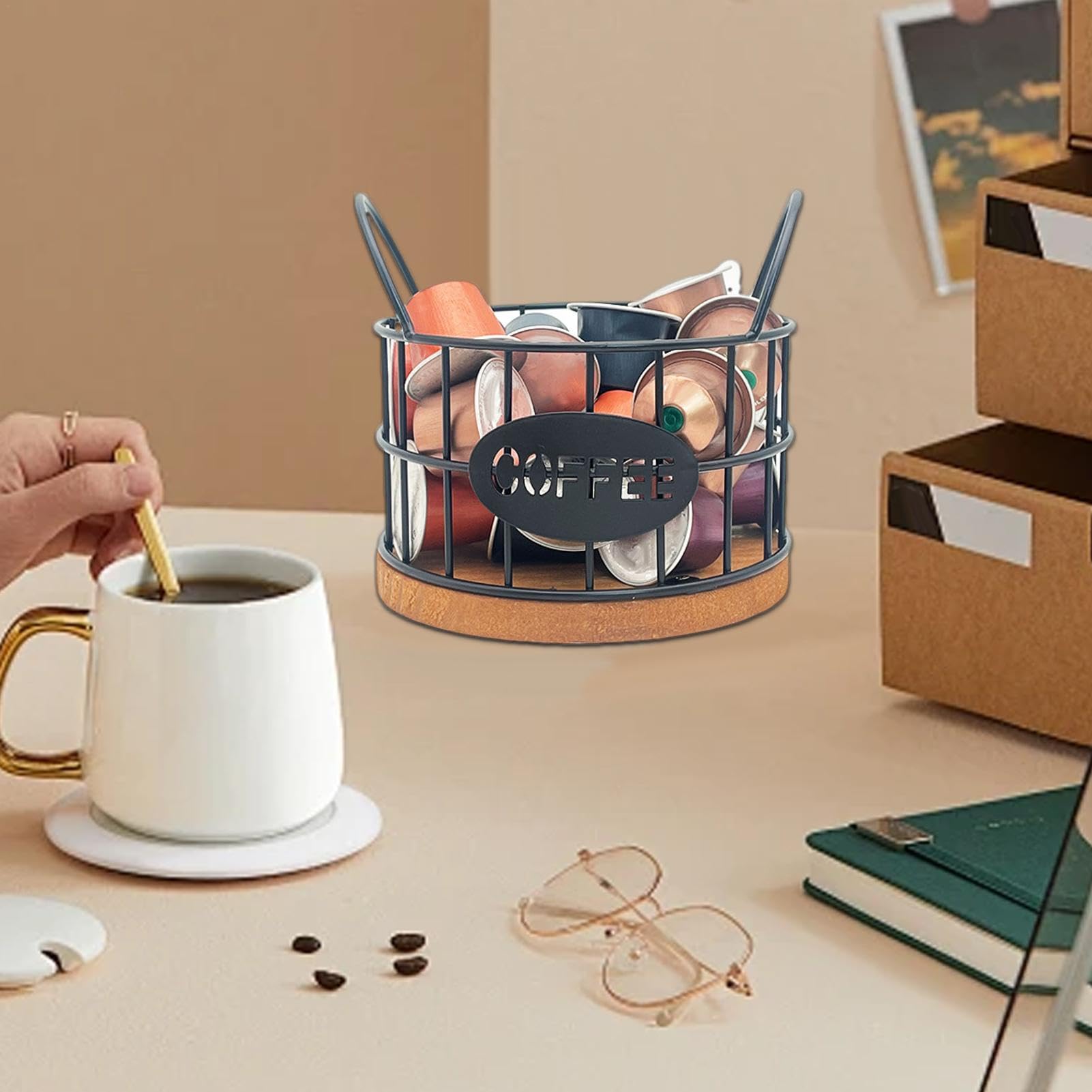 Porta Cialde Caffè In Legno E Metallo - Contenitore Con Coperchio Nero - Foto 8