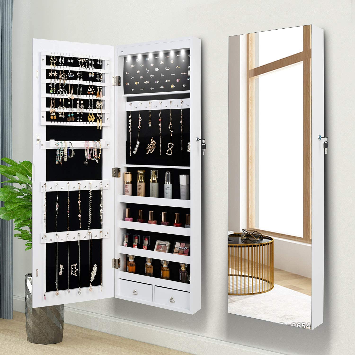 QUANYOU 6 LED Lights Lockable Full Mirror Full Screen Jewelry Organizer