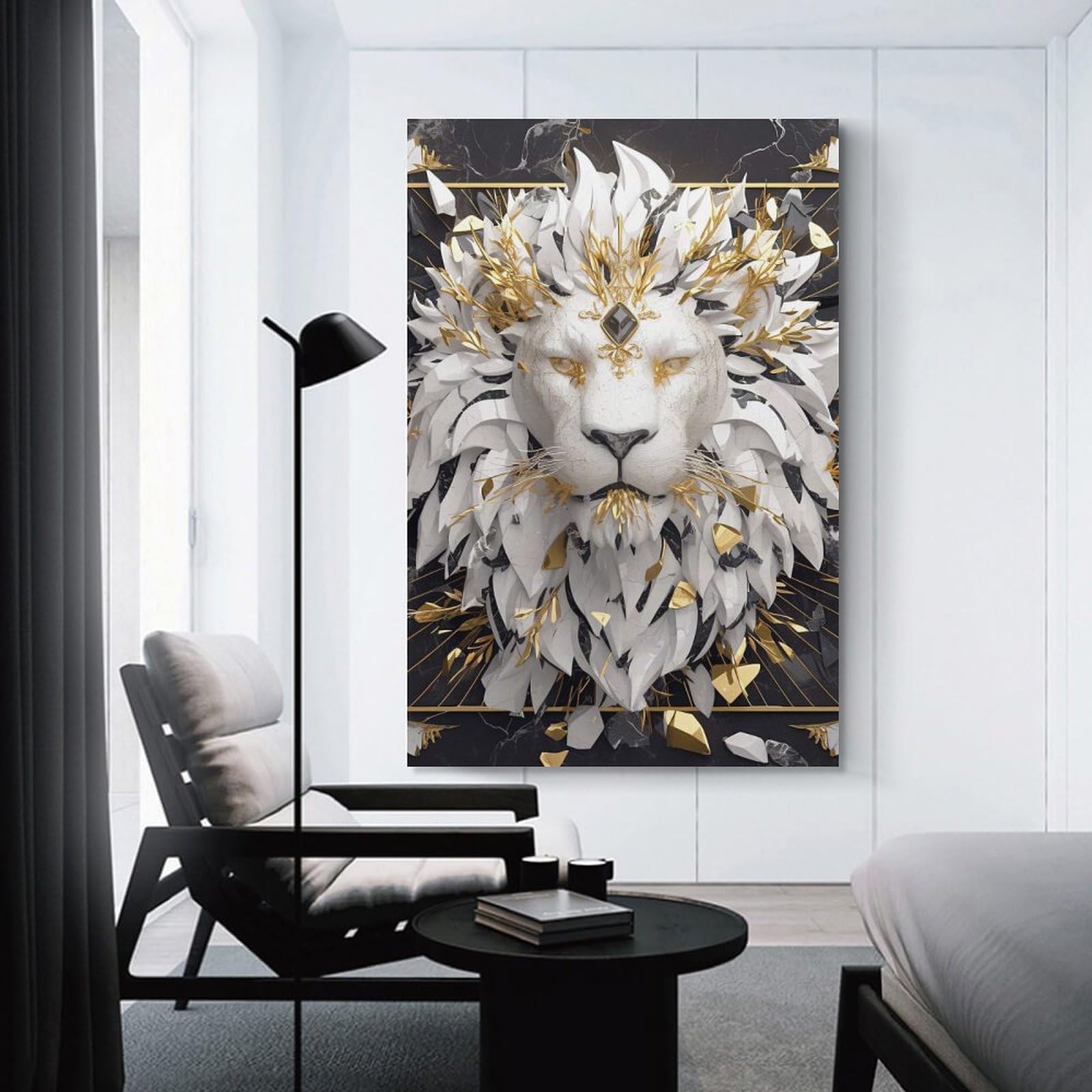 Junmoney Unframe-Style-20 Canvas Wall Art Lion With Golden Crown On Marble, 08X12inch(20X30cm), For Lounge Decor, Bedroom Walls Or Flats, Eye Catching Artwork For Blank Walls