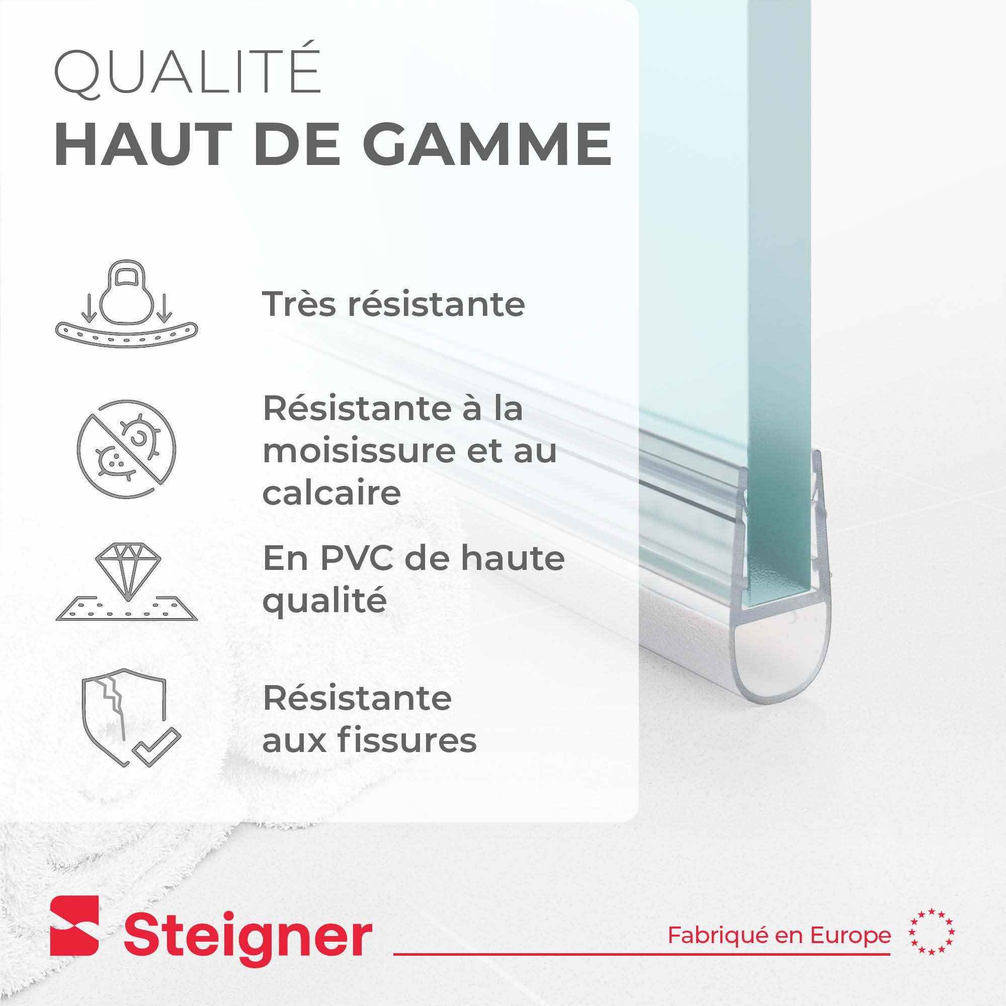 STEIGNER Joint porte de douche UK07 200 cm (1 pc.) transparent - Joint vertical pour douche à accès d'angle ou pentagonale avec porte 6-8 mm - Étanchéité, Ajustement parfait, Design discret