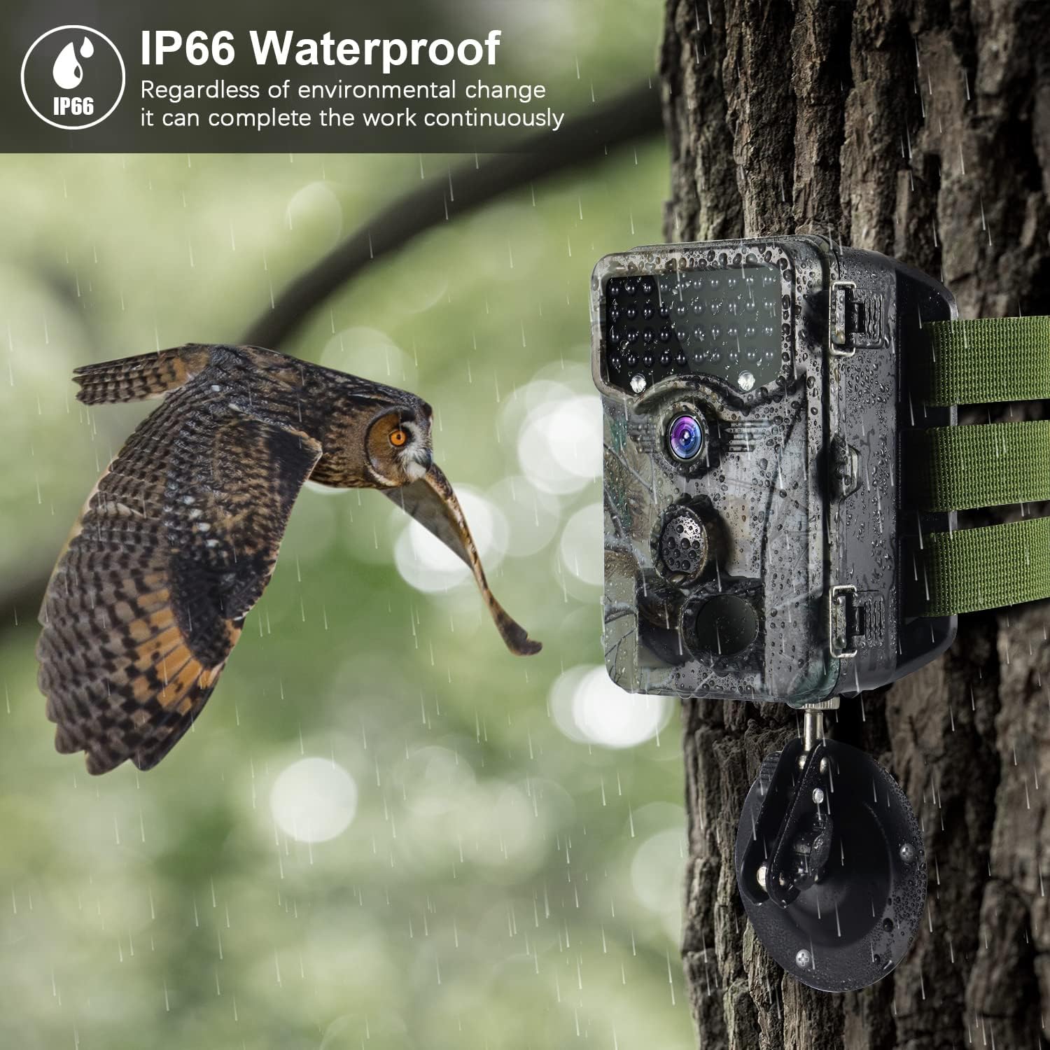 A grey camouflage Vikeri trail camera mounted on a tree trunk in the rain, with an owl flying nearby. The image emphasizes the camera's IP66 waterproof rating.