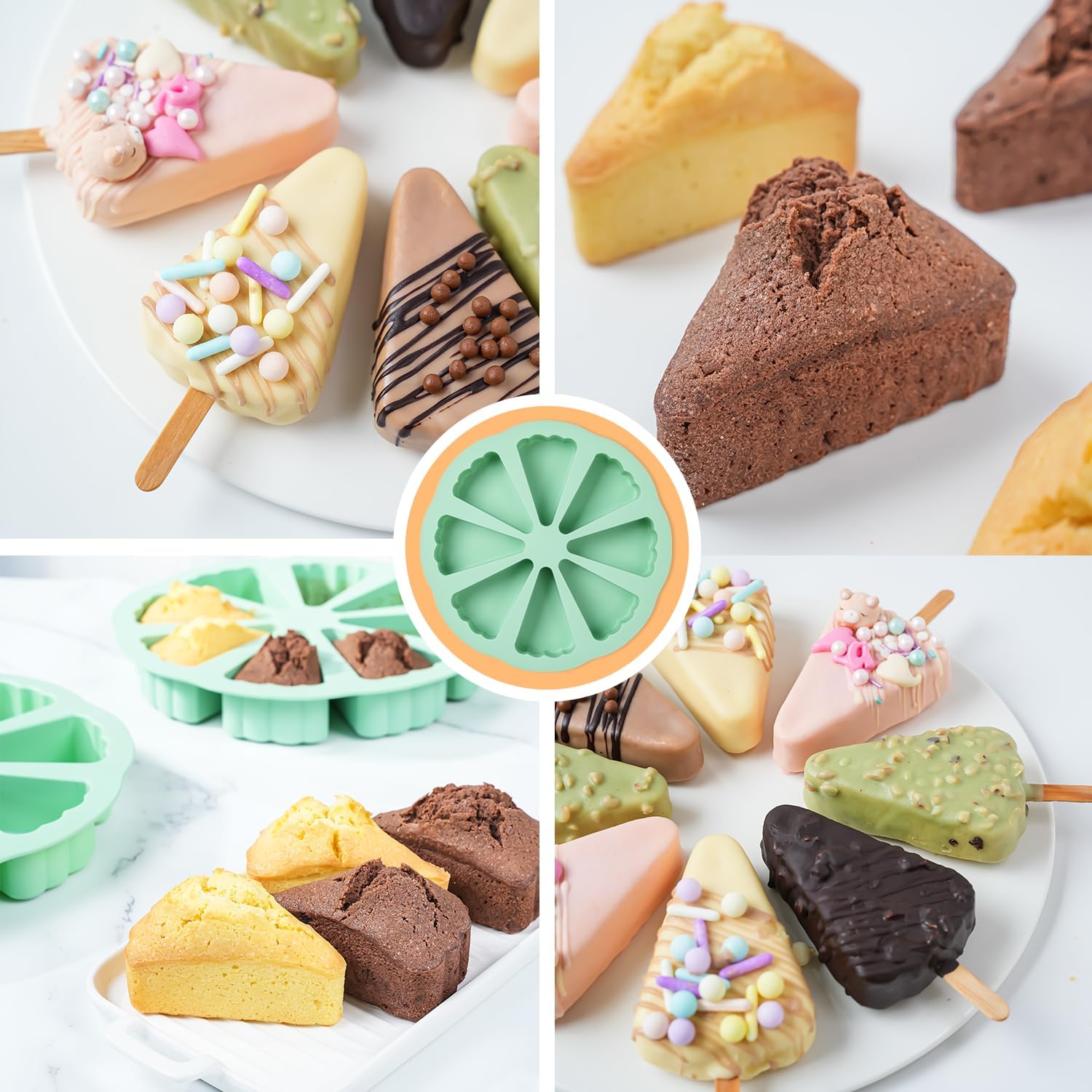 QELEG 2 Pack Silicone Scone Pan, Nonstick Triangle Cake Pan Baking Mold for Pizza Slices, Brownies Muffins, Cheesecake, Pastry, Cornbread, Green/8 Cavitives - Image 7