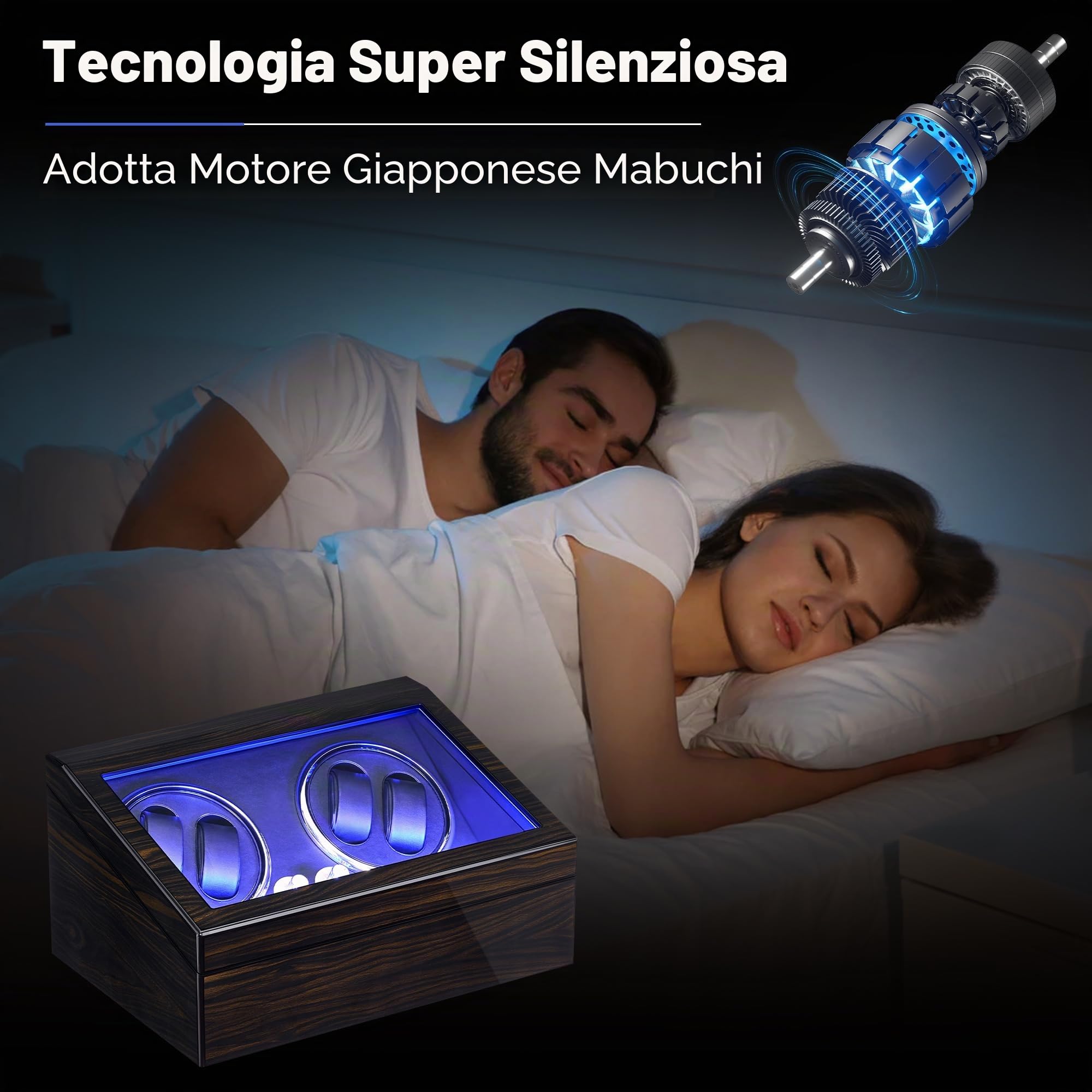 ANWBROAD Caricatore per orologi automatici 4 Rotatori per orologi e 6 scomparti extra con motore Mabuchi super silenzioso Retroilluminazione a LED Gira orologi 4 modalità USB