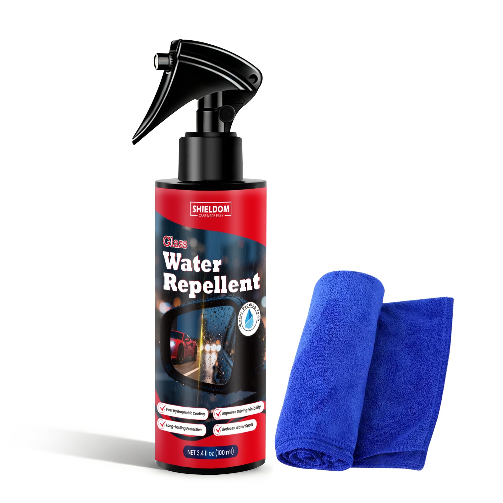 SHIELDOM Water Repellent Car Glass Rain Repellent Windshield Waterproof Hydrophobic Coating Exterior Glass Treatment Prevents Water Spots Safe on Tinted Windows, Mirrors & Helmets 3.4oz Black