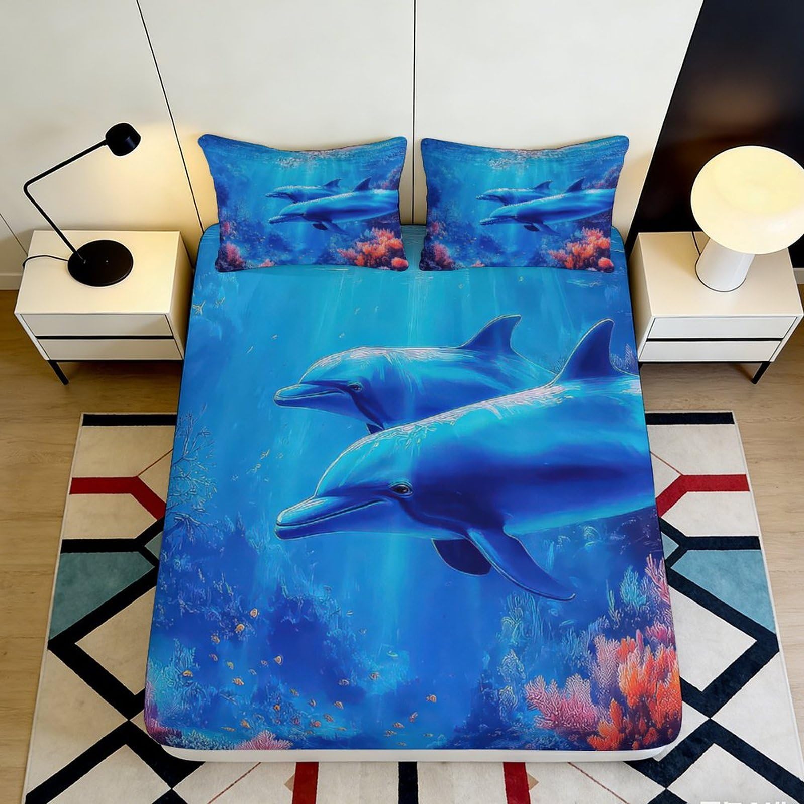 3D Printed Dolphin Fitted Sheet Microfiber Deep Pocket Non-Slip Full Wrap for Bedroom Bedding Ocean Mattress Fitted Cover Washable 200x200x25cm 90x200x25cm