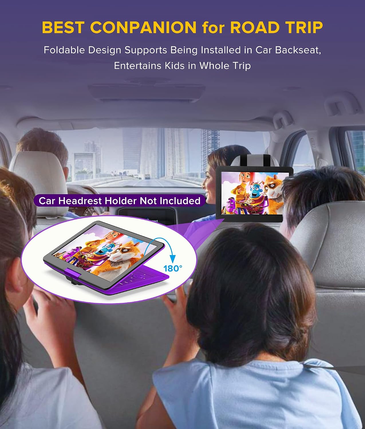 WONNIE 16.9'' Portable DVD Player with 14.1'' Large Screen, High Volume Speaker, 6 Hrs Rechargeable Battery, Remote Control, Car Charger. Support Multiple DVD,USB/SD Card, Sync TV, Region Free, Purple