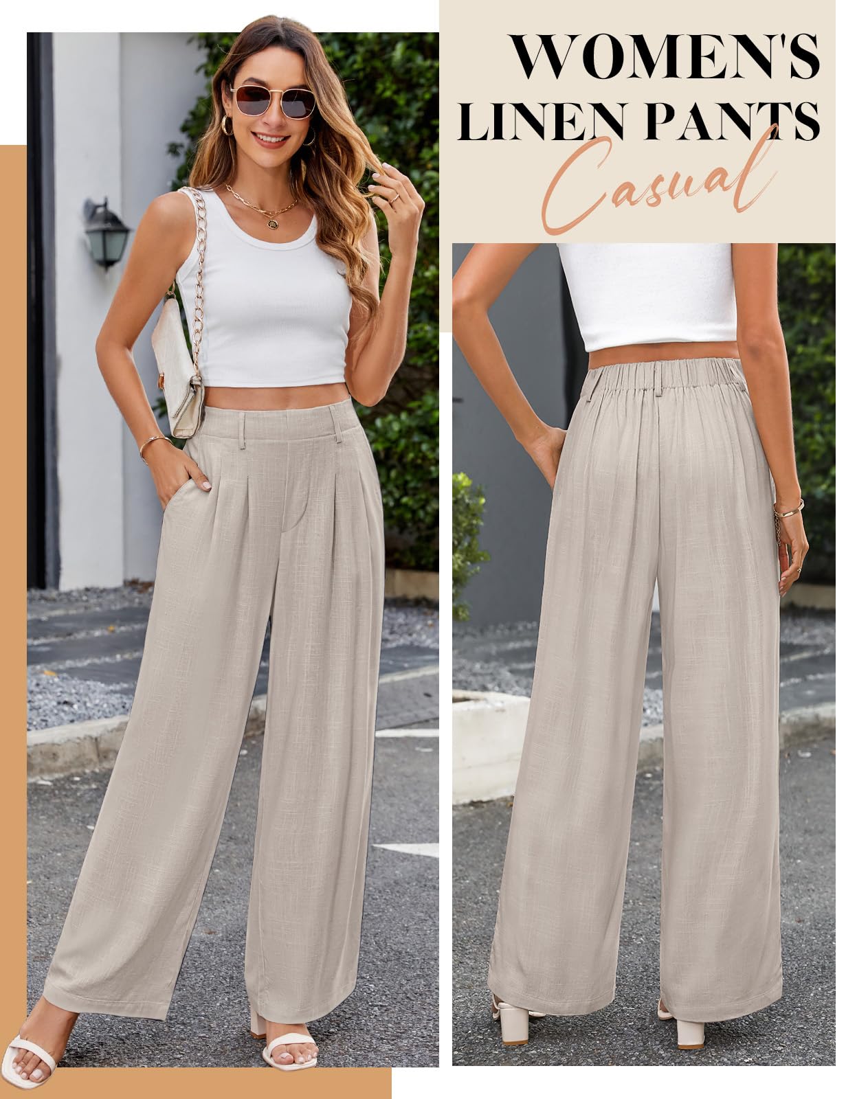 CMTOP Pantalon Lin Femme Été à Jambe Droite Ample Décontracté Fluide Taille Haute avec Cordon de Serrage Elastique et Poches