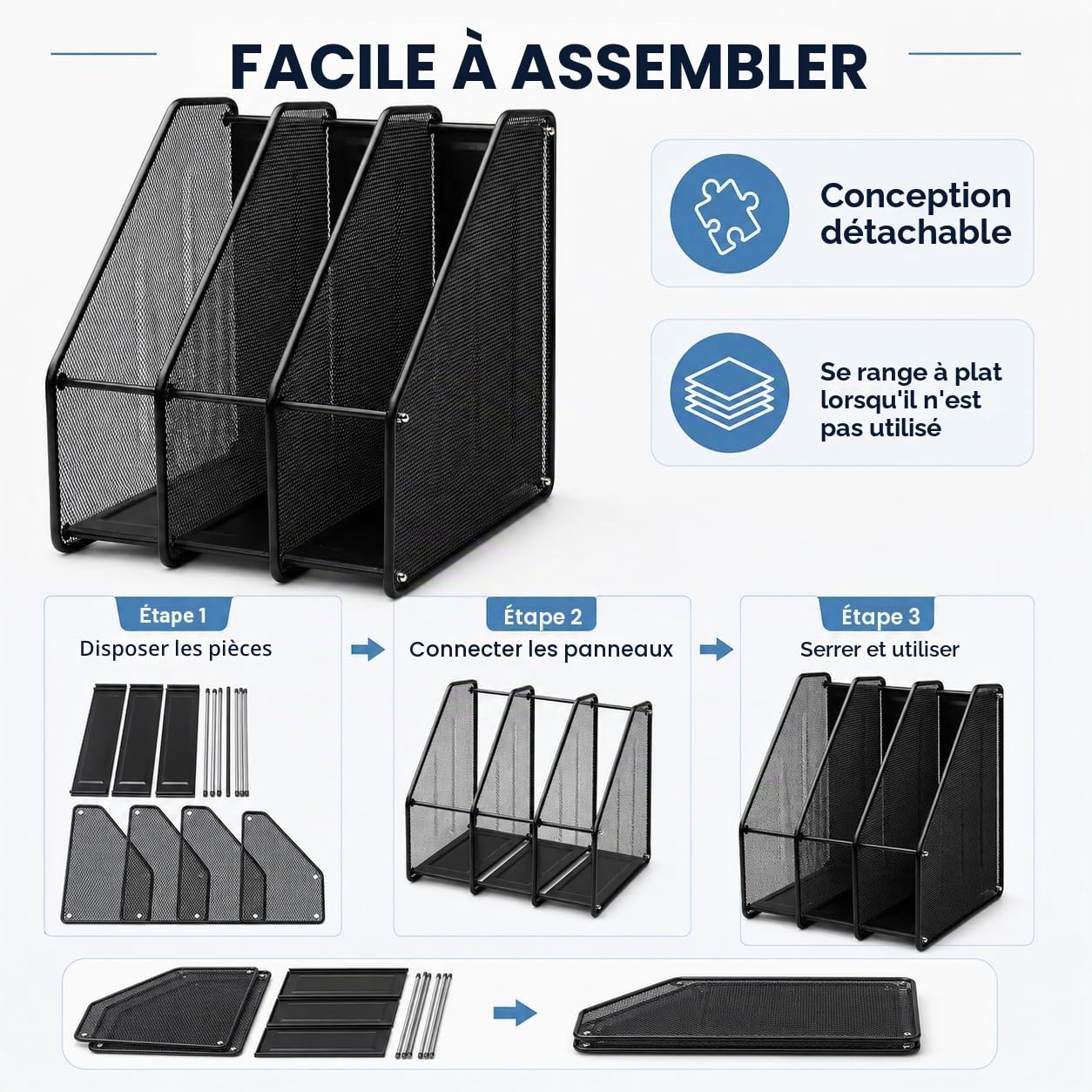 EXERZ Porte-revues de Bureau/Range-revues/Porte-Magazine en métal à Trois rangées/Boîte de Rangement en métal -3 Compartiments Cahiers/Dossier/Organisateur (Noir)