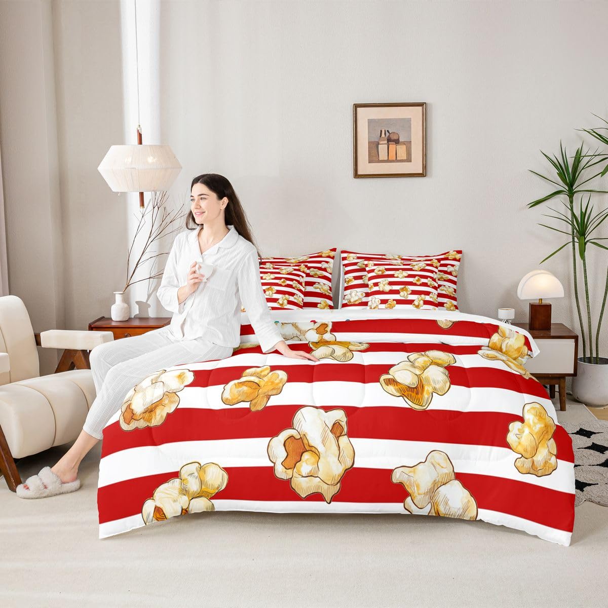 Homemissing Tema del film Piumino Letto con lenzuola 7 pezzi 135x200cm Popcorn Stampa Letto Trapuntato per ragazzi strisce con Piumino Geometric Room Decor